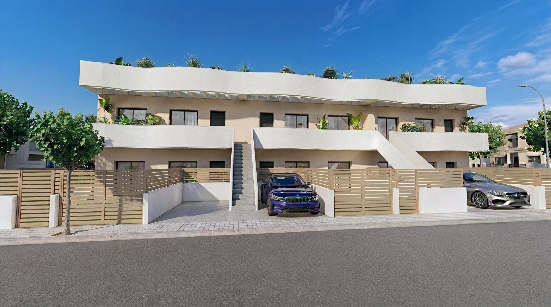 Boutique New Build Bungalows with Private Pool in Pilar de la Horadada, 2 km from beachExclusive Development Near the Beach on the Costa BlancaDiscover this boutique residential development of only six modern bungalows in Pilar de la Horadada, a charming coastal town located in the southern Costa Blanca. Just 2 km from the beautiful sandy beaches of Torre de la Horadada, this project offers a perfect blend of contemporary design, comfort and prime location.Situated in a central and well connected residential area, these homes are within walking distance of the town center, where you will find a wide range of shops, restaurants, cafes and all essential services. Pilar de la Horadada is known for its traditional Spanish atmosphere, welcoming community and relaxed Mediterranean lifestyle.Modern Bungalows with Private Outdoor SpacesAll properties feature three bedrooms and two bathrooms, including a master bedroom with en suite bathroom. Buyers can choose between ground floor and top floor layouts, each offering unique outdoor living options.Ground floor bungalows include a private garden, private swimming pool and on plot parking, ideal for those seeking space and easy access. Top floor properties offer a private terrace and a rooftop solarium with private pool, as well as a designated parking space at ground level.The interiors are designed with open plan living areas, combining kitchen, dining and lounge spaces to maximize natural light and create a seamless flow throughout the home.High Quality Finishes and Contemporary FeaturesThese new build homes are constructed using high quality materials and finishes. Features include smooth plaster walls, porcelain flooring throughout and built in wardrobes.The modern open kitchens come fully furnished and equipped with appliances. Additional features include pre installation for ducted air conditioning, aerothermal system for energy efficient hot water, LED lighting package, electric shutters and video intercom system.Bathrooms are fully fitted with vanity units and mirrors, offering both style and functionality.Prime Location Close to Beaches, Golf and AmenitiesPilar de la Horadada offers an ideal location for both permanent living and holiday homes. The nearby beaches of Torre de la Horadada are approximately 2 km away, known for their golden sand clear waters.Other key points of interest include Lo Romero Golf 6 km, La Zenia Boulevard shopping center 15 km, Murcia Corvera Airport 40 km and Alicante Airport 55 km. The area also benefits from excellent road connections to nearby coastal towns, marinas and leisure facilities.Ideal Investment Opportunity on the Costa BlancaThis exclusive development offers a rare opportunity to own a stylish new build bungalow in a highly desirable location close to the sea.Contact us today for more information or to arrange a viewing and secure your new home in Pilar de la Horadada.