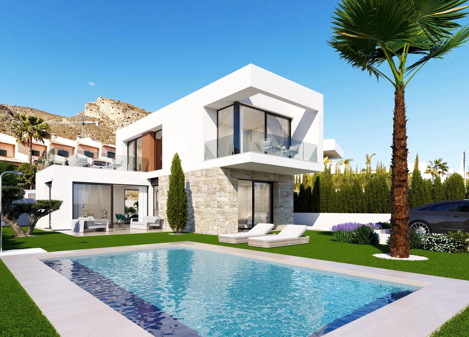 Luxurious New-Build Villas in Sierra Cortina, FinestratExplore the elegant new development of independent villas in the exclusive neighborhood of Sierra Cortina, Finestrat. Nestled in a picturesque area close to Benidorm, these premium properties offer modern living spaces and top-notch amenities. With easy access to the Mediterranean coast, these villas are ideal for anyone seeking a blend of luxury, comfort, and convenience. Just 5 km from the vibrant city center of Benidorm, this development also places you within a short distance of major points of interest.Spacious and Modern Villas with 3 or 4 BedroomsEach villa in this new development features 3 or 4 bedrooms and 3 luxurious bathrooms, creating ample space for family and guests alike. The heart of these homes is the open-plan living and dining area, connected to a sleek, integrated kitchen. This versatile space is perfect for family gatherings and entertaining, providing a cozy yet contemporary ambiance. Some units also include a basement area that can be customized into a gym, home cinema, or recreational area, offering endless possibilities for personalization.Advanced Home Automation and Energy-Efficient DesignThese villas are designed with the latest in smart home technology. Fully automated with a state-of-the-art home automation system, residents can control lighting, blinds, and air conditioning with ease. Safety is also a priority, with integrated flood and fire detection systems, a video intercom, and remote security features. To ensure energy efficiency, the villas make use of natural light, cross ventilation, wind protection, and water conservation features, reducing energy costs while maintaining a comfortable living environment.Private Outdoor Spaces with Pool and Landscaped GardensEnjoy the Mediterranean climate with a private garden that serves as a personal oasis. Each villa features a private swimming pool, ideal for cooling off on warm days or hosting summer gatherings. The landscaped garden is adorned with natural grass and trees, supported by an automatic irrigation system, and has tasteful exterior lighting to create a relaxing atmosphere after sunset.Prime Location Near Benidorm and Key AttractionsThese villas in Sierra Cortina offer proximity to key destinations. The lively beaches of Benidorm are just 4 km away, and Alicante-Elche Airport can be reached in approximately 50 km. Golf enthusiasts will find several prestigious courses nearby, such as Villaitana Golf, just 3 km away. For shopping and dining, La Marina Shopping Center is within a 2 km drive, providing access to a variety of retail, dining, and entertainment options.Luxury Living in Sierra Cortina – Reserve Your Dream Home TodayDiscover a blend of elegance, comfort, and advanced technology in these new-build villas at Sierra Cortina. Don’t miss the chance to own a home in one of the most sought-after locations on the Costa Blanca. Contact us today to arrange a visit and experience the lifestyle that awaits you.