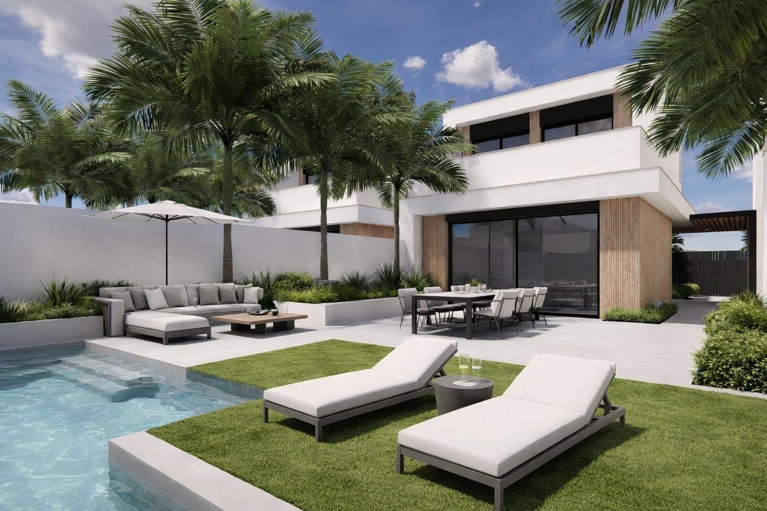 New Build Villas with Private Pool Near La Serena Golf in Los AlcazaresExclusive Boutique Development Near Golf and BeachDiscover this exclusive residential development of only eight independent new build villas ideally located between La Serena Golf and the charming coastal town of Los Alcazares. Situated just 1500 meters from the Mar Menor beaches, these homes offer the perfect combination of golf, sea and Mediterranean lifestyle.The location allows residents to enjoy walking distance access to both the golf course and the town center, where a wide range of restaurants, shops, cafes and essential services can be found. Los Alcazares is known for its relaxed atmosphere, long promenade and shallow warm waters, making it a popular destination for both holidaymakers and permanent residents.Modern Villas with Flexible LayoutsThese contemporary villas are available in two or three bedroom configurations, with options for single level or two level designs. Built on private plots starting from 200 m2, each home is designed to maximize space, comfort and natural light.All villas feature a private swimming pool and on plot parking, creating a private and functional outdoor environment ideal for enjoying the sunny climate all year round.Single level villas include a private rooftop solarium, perfect for sunbathing or relaxing with open views. Two level villas offer spacious terraces on the upper floor, providing additional outdoor living areas.Open Plan Living and Outdoor ConnectionThe interior layout focuses on open plan living, with bright living and dining areas seamlessly connected to modern kitchens. Large windows allow natural light to fill the spaces while offering direct access to terraces and pool areas.This design enhances the indoor outdoor lifestyle that defines living on the Costa Calida, making these villas ideal for both everyday living and entertaining guests.High Quality Finishes and Modern FeaturesThe villas are built to high standards using quality materials and trusted brands. Features include a reinforced security entrance door by DIERRE, fully fitted wardrobes and modern kitchens equipped with BOSCH appliances.Additional specifications include aerothermal system for hot water, motorized shutters and an automated vehicle access gate. Every detail has been carefully considered to provide comfort, efficiency and convenience.Prime Location on the Costa CalidaLos Alcazares offers an excellent location with easy access to beaches, golf courses and transport connections. The Mar Menor beaches are just 1.5 km away, while La Serena Golf is within walking distance.Other key distances include Murcia Corvera Airport 35 km, Cartagena 25 km, Murcia city 50 km and Alicante Airport 90 km.Ideal Investment or Holiday Home OpportunityThese new build villas offer a rare opportunity to own a modern property in a prime location close to both the sea and golf.Contact us today for more information or to arrange a viewing and secure your new villa in Los Alcazares.