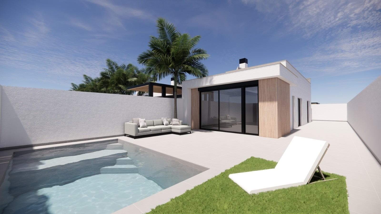 New Build Villas with Private Pool Near La Serena Golf in Los AlcazaresExclusive Boutique Development Near Golf and BeachDiscover this exclusive residential development of only eight independent new build villas ideally located between La Serena Golf and the charming coastal town of Los Alcazares. Situated just 1500 meters from the Mar Menor beaches, these homes offer the perfect combination of golf, sea and Mediterranean lifestyle.The location allows residents to enjoy walking distance access to both the golf course and the town center, where a wide range of restaurants, shops, cafes and essential services can be found. Los Alcazares is known for its relaxed atmosphere, long promenade and shallow warm waters, making it a popular destination for both holidaymakers and permanent residents.Modern Villas with Flexible LayoutsThese contemporary villas are available in two or three bedroom configurations, with options for single level or two level designs. Built on private plots starting from 200 m2, each home is designed to maximize space, comfort and natural light.All villas feature a private swimming pool and on plot parking, creating a private and functional outdoor environment ideal for enjoying the sunny climate all year round.Single level villas include a private rooftop solarium, perfect for sunbathing or relaxing with open views. Two level villas offer spacious terraces on the upper floor, providing additional outdoor living areas.Open Plan Living and Outdoor ConnectionThe interior layout focuses on open plan living, with bright living and dining areas seamlessly connected to modern kitchens. Large windows allow natural light to fill the spaces while offering direct access to terraces and pool areas.This design enhances the indoor outdoor lifestyle that defines living on the Costa Calida, making these villas ideal for both everyday living and entertaining guests.High Quality Finishes and Modern FeaturesThe villas are built to high standards using quality materials and trusted brands. Features include a reinforced security entrance door by DIERRE, fully fitted wardrobes and modern kitchens equipped with BOSCH appliances.Additional specifications include aerothermal system for hot water, motorized shutters and an automated vehicle access gate. Every detail has been carefully considered to provide comfort, efficiency and convenience.Prime Location on the Costa CalidaLos Alcazares offers an excellent location with easy access to beaches, golf courses and transport connections. The Mar Menor beaches are just 1.5 km away, while La Serena Golf is within walking distance.Other key distances include Murcia Corvera Airport 35 km, Cartagena 25 km, Murcia city 50 km and Alicante Airport 90 km.Ideal Investment or Holiday Home OpportunityThese new build villas offer a rare opportunity to own a modern property in a prime location close to both the sea and golf.Contact us today for more information or to arrange a viewing and secure your new villa in Los Alcazares.