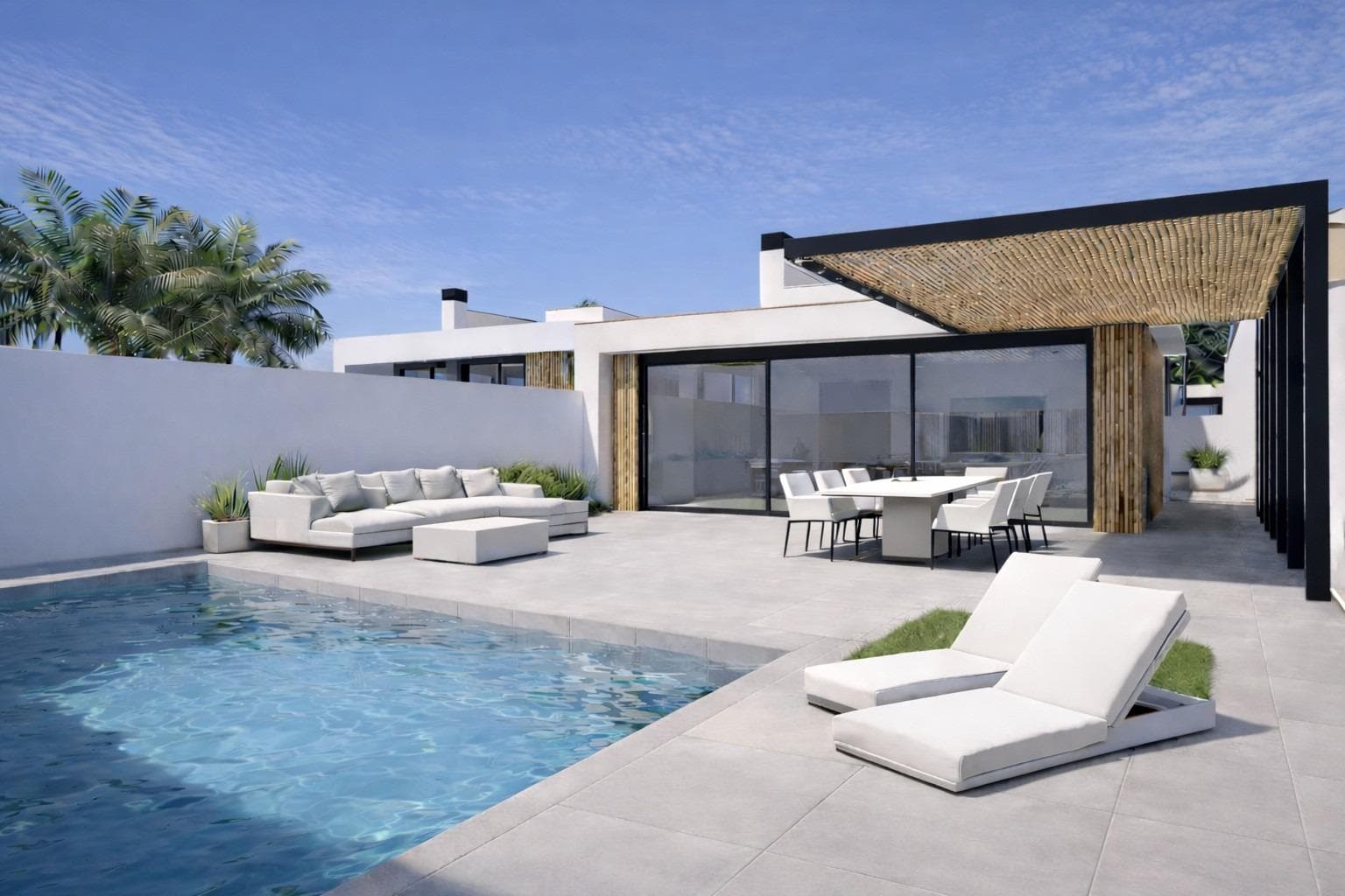 New Build Villas with Private Pool Near La Serena Golf in Los AlcazaresExclusive Boutique Development Near Golf and BeachDiscover this exclusive residential development of only eight independent new build villas ideally located between La Serena Golf and the charming coastal town of Los Alcazares. Situated just 1500 meters from the Mar Menor beaches, these homes offer the perfect combination of golf, sea and Mediterranean lifestyle.The location allows residents to enjoy walking distance access to both the golf course and the town center, where a wide range of restaurants, shops, cafes and essential services can be found. Los Alcazares is known for its relaxed atmosphere, long promenade and shallow warm waters, making it a popular destination for both holidaymakers and permanent residents.Modern Villas with Flexible LayoutsThese contemporary villas are available in two or three bedroom configurations, with options for single level or two level designs. Built on private plots starting from 200 m2, each home is designed to maximize space, comfort and natural light.All villas feature a private swimming pool and on plot parking, creating a private and functional outdoor environment ideal for enjoying the sunny climate all year round.Single level villas include a private rooftop solarium, perfect for sunbathing or relaxing with open views. Two level villas offer spacious terraces on the upper floor, providing additional outdoor living areas.Open Plan Living and Outdoor ConnectionThe interior layout focuses on open plan living, with bright living and dining areas seamlessly connected to modern kitchens. Large windows allow natural light to fill the spaces while offering direct access to terraces and pool areas.This design enhances the indoor outdoor lifestyle that defines living on the Costa Calida, making these villas ideal for both everyday living and entertaining guests.High Quality Finishes and Modern FeaturesThe villas are built to high standards using quality materials and trusted brands. Features include a reinforced security entrance door by DIERRE, fully fitted wardrobes and modern kitchens equipped with BOSCH appliances.Additional specifications include aerothermal system for hot water, motorized shutters and an automated vehicle access gate. Every detail has been carefully considered to provide comfort, efficiency and convenience.Prime Location on the Costa CalidaLos Alcazares offers an excellent location with easy access to beaches, golf courses and transport connections. The Mar Menor beaches are just 1.5 km away, while La Serena Golf is within walking distance.Other key distances include Murcia Corvera Airport 35 km, Cartagena 25 km, Murcia city 50 km and Alicante Airport 90 km.Ideal Investment or Holiday Home OpportunityThese new build villas offer a rare opportunity to own a modern property in a prime location close to both the sea and golf.Contact us today for more information or to arrange a viewing and secure your new villa in Los Alcazares.
