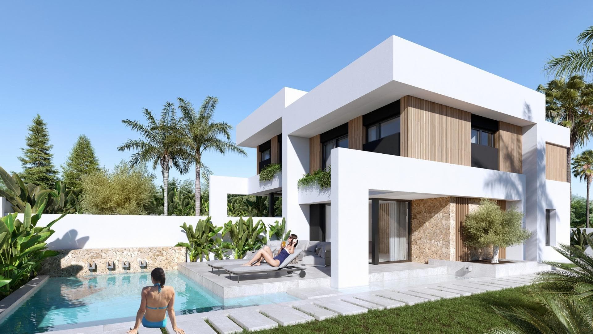 Modern Semi Detached Villas with Private Pool in Las Filipinas-Orihuela CostaExclusive New Build Villas in a Prime Costa Blanca LocationDiscover this boutique development of eight modern semi detached villas located in Las Filipinas, Orihuela Costa, one of the most sought after residential areas in the southern Costa Blanca. This well established neighborhood offers excellent access to everyday amenities including supermarkets, restaurants, pharmacies and leisure facilities, all within a short distance.Ideally positioned between some of the best golf courses in the area, including Villamartin Golf, Campoamor Golf, Las Ramblas Golf and Las Colinas Golf, these villas provide an exceptional lifestyle for golf lovers and international buyers. The beautiful beaches of Orihuela Costa are just 6 km away, making this an ideal location for both permanent living and holiday homes.Contemporary Design with Spacious LayoutsEach villa is built on a private plot of approximately 300 m2 and offers around 140 m2 of modern living space distributed over two floors. The properties feature three double bedrooms, two full bathrooms with double sinks including an en suite, and an additional guest toilet.The ground floor showcases a bright and stylish living area with a feature wall finished in natural stone, creating a warm and elegant atmosphere. Large windows provide direct access to the outdoor terrace and private swimming pool, which includes decorative water features.At the rear of the property, a designer Italian kitchen with a central island and LED lighting opens to a spacious dining area with access to the garden and private parking area.Elegant Bedrooms and Outdoor LivingThe first floor includes two guest bedrooms with built in wardrobes and a family bathroom. The master bedroom stands out with a sophisticated design, featuring a floor to ceiling oak headboard, mirrored details and a luxurious en suite bathroom, as well as views over the pool area.There is also the option to add a rooftop solarium or a semi basement, offering additional space and customization potential.High Quality Features and Modern ComfortThese villas are built with high quality materials and the latest technology to ensure comfort and efficiency. Features include pre installation for ducted air conditioning, aerothermal system for hot water, underfloor heating in bathrooms and electric shutters.Additional specifications include an alarm system, video intercom and automated vehicle access gate, ensuring both convenience and security.Prime Location Close to Beaches and GolfLas Filipinas offers a strategic location with excellent connectivity. The beaches of Orihuela Costa are approximately 6 km away, while Murcia International Airport is 50 km and Alicante Airport is 55 km. Several top golf courses are located within a radius of 2 to 5 km.Ideal Investment Opportunity on the Costa BlancaThese modern villas offer a perfect combination of design, location and lifestyle, making them an excellent investment or second home on the Costa Blanca.Contact us today for more information or to arrange a viewing and secure your new villa in Orihuela Costa.