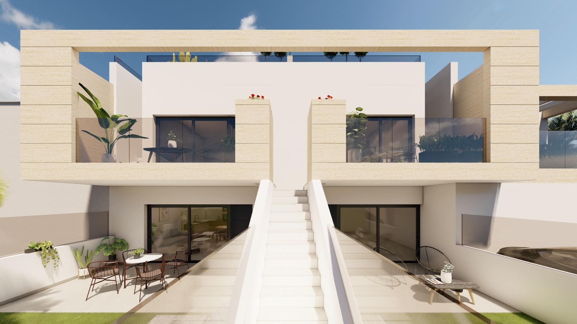 New Build Bungalows in San Pedro del Pinatar Modern Living Near the BeachContemporary Coastal Homes in El Salero San Pedro del PinatarDiscover these stylish 12 new build bungalows located in El Salero, a charming residential area of San Pedro del Pinatar on the Costa Calida. This sought after location offers the perfect balance between coastal living and everyday convenience, with supermarkets, restaurants, cafes and essential services all within walking distance.San Pedro del Pinatar is well known for its natural mud baths, salt flats and relaxed Mediterranean lifestyle. With a welcoming community and a mild climate all year round, it is an ideal destination for both permanent living and holiday homes.Prime Location Close to the Mar Menor and Mediterranean SeaThese properties are ideally located just 2 km from the beaches of Villa Nanitos on the Mar Menor and El Mojon on the Mediterranean Sea, both easily reachable within a 20 minute walk. The area is perfect for water sports enthusiasts, with nearby marinas, sailing clubs and coastal promenades.Modern Design and Functional LayoutsThe development offers modern bungalows with 2 bedrooms and 2 bathrooms, designed with open plan kitchens and bright living spaces that maximize natural light.Ground floor units feature spacious private terraces with the option to add a private swimming pool at an additional cost. Top floor properties include a private rooftop solarium with a swimming pool already included, providing the perfect space to relax and enjoy the Mediterranean sun.Each property also includes a private parking space.High Quality Finishes and Energy EfficiencyThese homes are built with high quality materials and modern specifications to ensure comfort and efficiency. Features include pre installation for ducted air conditioning, aerothermal system for hot water and electric shutters.Bathrooms come fully equipped with vanity units, mirrors, shower screens and underfloor heating. A complete LED lighting package is included both indoors and outdoors, enhancing the overall ambiance of the property.Excellent Connectivity and Nearby AmenitiesSan Pedro del Pinatar offers excellent connections to key destinations. The Dos Mares shopping center is approximately 4 km away, while Murcia International Airport is around 35 km. Alicante Airport can be reached in approximately 75 km.Several golf courses and marinas are located within a short drive, making this an ideal location for leisure and recreation.Ideal Property for Investment or Year Round LivingThese new build bungalows combine modern design, a prime coastal location and high quality finishes, making them an excellent choice for investment, holiday use or permanent residence.Contact us today to receive more information or to arrange a viewing and secure your new home in San Pedro del Pinatar.