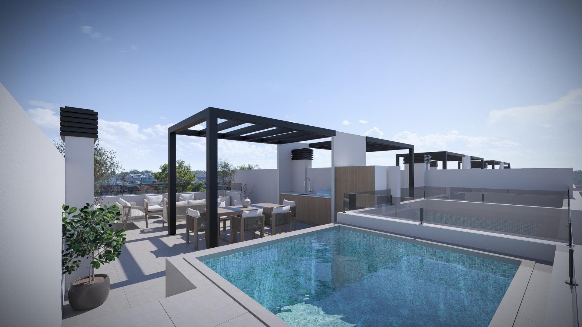 New Build Bungalows in San Pedro del Pinatar Modern Living Near the BeachContemporary Coastal Homes in El Salero San Pedro del PinatarDiscover these stylish 12 new build bungalows located in El Salero, a charming residential area of San Pedro del Pinatar on the Costa Calida. This sought after location offers the perfect balance between coastal living and everyday convenience, with supermarkets, restaurants, cafes and essential services all within walking distance.San Pedro del Pinatar is well known for its natural mud baths, salt flats and relaxed Mediterranean lifestyle. With a welcoming community and a mild climate all year round, it is an ideal destination for both permanent living and holiday homes.Prime Location Close to the Mar Menor and Mediterranean SeaThese properties are ideally located just 2 km from the beaches of Villa Nanitos on the Mar Menor and El Mojon on the Mediterranean Sea, both easily reachable within a 20 minute walk. The area is perfect for water sports enthusiasts, with nearby marinas, sailing clubs and coastal promenades.Modern Design and Functional LayoutsThe development offers modern bungalows with 2 bedrooms and 2 bathrooms, designed with open plan kitchens and bright living spaces that maximize natural light.Ground floor units feature spacious private terraces with the option to add a private swimming pool at an additional cost. Top floor properties include a private rooftop solarium with a swimming pool already included, providing the perfect space to relax and enjoy the Mediterranean sun.Each property also includes a private parking space.High Quality Finishes and Energy EfficiencyThese homes are built with high quality materials and modern specifications to ensure comfort and efficiency. Features include pre installation for ducted air conditioning, aerothermal system for hot water and electric shutters.Bathrooms come fully equipped with vanity units, mirrors, shower screens and underfloor heating. A complete LED lighting package is included both indoors and outdoors, enhancing the overall ambiance of the property.Excellent Connectivity and Nearby AmenitiesSan Pedro del Pinatar offers excellent connections to key destinations. The Dos Mares shopping center is approximately 4 km away, while Murcia International Airport is around 35 km. Alicante Airport can be reached in approximately 75 km.Several golf courses and marinas are located within a short drive, making this an ideal location for leisure and recreation.Ideal Property for Investment or Year Round LivingThese new build bungalows combine modern design, a prime coastal location and high quality finishes, making them an excellent choice for investment, holiday use or permanent residence.Contact us today to receive more information or to arrange a viewing and secure your new home in San Pedro del Pinatar.