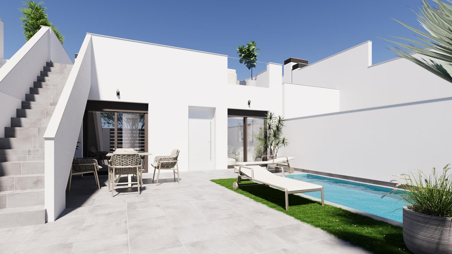Modern, newly built semi-detached and terraced homes with private pools at El Alba Resort-Torre PachecoContemporary homes in a growing Mediterranean holiday communityThis new development comprises 16 exclusive semi-detached and terraced homes, situated at El Alba Mediterranean Resort in Torre Pacheco. Designed as single-storey homes, these modern properties offer a perfect blend of comfort, functionality and Mediterranean outdoor living.El Alba Resort is an up-and-coming residential area surrounded by open countryside and golf courses, within easy reach of the town of Roldán, where you will find supermarkets, restaurants, banks and everyday amenities. The complex already features a social club with a swimming pool and restaurant, and a retail area is currently under development, adding further convenience and value to the location.Single-storey home with private garden and sun terraceEach property features 2 bedrooms and 2 bathrooms, one of which is en-suite, with an open-plan kitchen connected to a bright living room. The layout is carefully designed to maximise natural light and create a seamless connection between indoor and outdoor spaces.All homes include:Fitted kitchen with appliancesBathrooms with vanity units, mirrors, lighting and shower screensFitted wardrobes with drawers in the bedroomsPre-installation for ducted air conditioningIndoor and outdoor LED lightingThree photovoltaic solar panels with a capacity of 1.5 kW per propertyThe outdoor areas are designed to be enjoyed all year round, featuring a private garden with a swimming pool, a terrace and a large private sun deck with a summer kitchen, ideal for al fresco dining and relaxing in the sun.Quality features designed for comfort and efficiencyThese homes are built with stylish and functional interiors, focused on energy efficiency and modern living. The plot features a private parking space, ensuring convenience and security.The combination of solar panels, high-quality insulation and smart design provides an energy-efficient home, ideal for permanent living, holiday use or as a rental investment.Excellent location near golf courses, beaches and airportsRoldán town centre 2 km awayMar Menor beaches 15 km awayMediterranean beaches 20 km awayLa Torre Golf Resort 5 km awayTerrazas de la Torre Golf 6 km awayMurcia Corvera Airport 18 km awayCartagena 30 km awayThis strategic location offers easy access to golf courses, beaches, amenities and transport links, whilst enjoying a peaceful residential setting.A smart investment on the Costa CálidaThese townhouses and semi-detached homes at El Alba Mediterranean Resort offer an excellent opportunity to purchase a modern property with a private pool in the rapidly growing area of Torre Pacheco.Contact us today for further information or to arrange a viewing of these exclusive new-build homes.