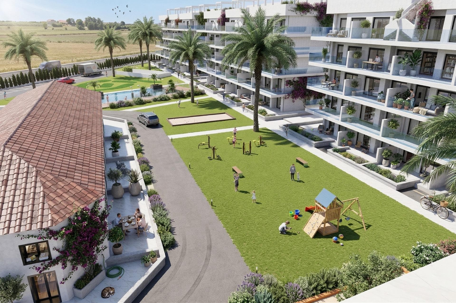 Modern Furnished Apartments in El Raso-Guardamar Contemporary Living Near the Beach and GolfExclusive Residential Development in Guardamar del SeguraDiscover this exceptional new build development of 120 stylish apartments located in El Raso, a highly sought after area of Guardamar del Segura on the Costa Blanca. Surrounded by natural landscapes and close to the Mediterranean coast, this residential complex offers a perfect balance between tranquility and accessibility. El Raso is known for its peaceful environment while being just minutes away from the vibrant town center, sandy beaches and a wide range of services including restaurants, shops and leisure facilities.Contemporary Homes Designed for Comfort and StyleThe development offers 2 and 3 bedroom apartments with different layouts to suit every lifestyle. Choose from ground floor properties with private gardens, middle floor apartments with spacious terraces, or penthouses with private solariums ideal for enjoying the Mediterranean climate all year round. All homes come fully furnished and ready to move into, including fully equipped kitchens with appliances and complete bathroom fittings with furniture, mirrors and shower screens.Each property also includes underground parking and a storage room, ensuring convenience and practicality from day one.High Quality Features and Energy Efficient LivingThese modern homes are built with attention to detail and designed for maximum comfort. Features include ducted air conditioning, electric shutters, and a full lighting package. The combination of quality materials and smart design creates bright and functional living spaces that enhance everyday life while ensuring energy efficiency.Outstanding Communal Areas and Lifestyle AmenitiesThe residential complex offers a wide range of premium communal facilities designed for relaxation and wellbeing. Residents can enjoy a large swimming pool surrounded by landscaped gardens, a fully equipped gym, indoor spa, petanque area and children’s playground. Every detail has been carefully considered to create a community where comfort, leisure and social living come together.Prime Location with Excellent ConnectivityEl Raso enjoys a strategic location close to key points of interest:Guardamar town center 4 kmMoncayo Beach 5 kmCiudad Quesada 5 kmTorrevieja and Habaneras Shopping Center 8 kmLa Marquesa Golf 6 kmLa Finca Golf 12 kmVistabella Golf 18 kmAlicante Airport 30 kmMurcia Corvera Airport 75 kmYour Ideal Home or Investment on the Costa BlancaWhether you are looking for a permanent residence, a holiday home or a smart investment opportunity, these fully furnished apartments in Guardamar del Segura offer exceptional value in a prime coastal location. Contact us today to receive more information or to arrange a viewing and secure your new home in the Costa Blanca.