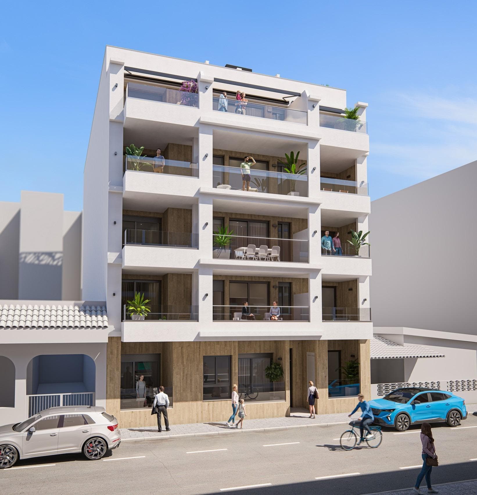 Modern New Build Apartments for Sale in Torrevieja 300m from Playa del CuraPrime Location in the Heart of TorreviejaDiscover this exclusive new development of contemporary apartments located just 300 m from Playa del Cura, one of the most popular beaches in Torrevieja. Situated in the vibrant town center, this privileged location offers immediate access to supermarkets, shops, restaurants, cafes and public transport. Torrevieja, on the Costa Blanca, is known for its pleasant Mediterranean climate, lively atmosphere and year round coastal lifestyle. Its promenade, marina and beaches make it one of the most desirable destinations for both living and investment.Boutique Development with Modern DesignThis stylish residential building consists of only 15 apartments and penthouses, offering an exclusive and private environment. Buyers can choose between studios or 2 bedroom apartments with 2 bathrooms, including one ensuite. The properties are available as ground floor units with terrace and patio, middle floor apartments with balconies or penthouses with private solarium.Each home features an open plan layout with a fully equipped kitchen seamlessly connected to the living and dining area, creating bright and functional spaces. Large windows and glass balconies enhance natural light and provide a modern aesthetic.High Quality Finishes and Energy EfficiencyAll apartments are built with premium materials and attention to detail. Features include fitted wardrobes, fully equipped bathrooms with furniture, mirrors, shower screens and underfloor heating. Motorized blinds provide additional comfort and security, while reinforced entrance doors ensure peace of mind.The properties include pre installation for ducted air conditioning and heating, as well as an energy efficient aerothermal system for hot water production, helping reduce energy consumption and improve sustainability.Exclusive Rooftop Solarium with Pool and SaunaResidents can enjoy a private rooftop solarium featuring a communal swimming pool, sauna and sunbathing area. This elevated space offers panoramic views of the city and provides a relaxing environment away from the lively streets below.Excellent Connectivity and Nearby AmenitiesPlaya del Cura: 0.3 kmTorrevieja Marina and Port: 1 kmNatural Park of La Mata Lagoons: 5 kmVillamartin Golf: 12 kmLas Colinas Golf: 18 kmAlicante Airport: 45 kmMurcia International Airport: 65 kmYour Ideal Home or Investment on the Costa BlancaWhether you are looking for a permanent residence, a holiday home or a smart investment, these new build apartments in Torrevieja offer the perfect combination of location, design and lifestyle.Contact us today to receive more information or to arrange a private viewing and secure your new home by the sea.