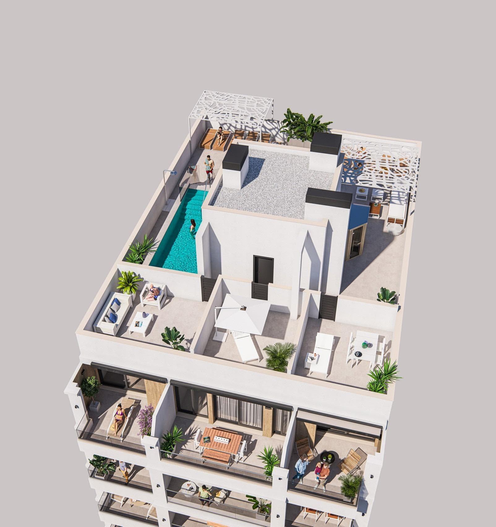 Modern New Build Apartments for Sale in Torrevieja 300m from Playa del CuraPrime Location in the Heart of TorreviejaDiscover this exclusive new development of contemporary apartments located just 300 m from Playa del Cura, one of the most popular beaches in Torrevieja. Situated in the vibrant town center, this privileged location offers immediate access to supermarkets, shops, restaurants, cafes and public transport. Torrevieja, on the Costa Blanca, is known for its pleasant Mediterranean climate, lively atmosphere and year round coastal lifestyle. Its promenade, marina and beaches make it one of the most desirable destinations for both living and investment.Boutique Development with Modern DesignThis stylish residential building consists of only 15 apartments and penthouses, offering an exclusive and private environment. Buyers can choose between studios or 2 bedroom apartments with 2 bathrooms, including one ensuite. The properties are available as ground floor units with terrace and patio, middle floor apartments with balconies or penthouses with private solarium.Each home features an open plan layout with a fully equipped kitchen seamlessly connected to the living and dining area, creating bright and functional spaces. Large windows and glass balconies enhance natural light and provide a modern aesthetic.High Quality Finishes and Energy EfficiencyAll apartments are built with premium materials and attention to detail. Features include fitted wardrobes, fully equipped bathrooms with furniture, mirrors, shower screens and underfloor heating. Motorized blinds provide additional comfort and security, while reinforced entrance doors ensure peace of mind.The properties include pre installation for ducted air conditioning and heating, as well as an energy efficient aerothermal system for hot water production, helping reduce energy consumption and improve sustainability.Exclusive Rooftop Solarium with Pool and SaunaResidents can enjoy a private rooftop solarium featuring a communal swimming pool, sauna and sunbathing area. This elevated space offers panoramic views of the city and provides a relaxing environment away from the lively streets below.Excellent Connectivity and Nearby AmenitiesPlaya del Cura: 0.3 kmTorrevieja Marina and Port: 1 kmNatural Park of La Mata Lagoons: 5 kmVillamartin Golf: 12 kmLas Colinas Golf: 18 kmAlicante Airport: 45 kmMurcia International Airport: 65 kmYour Ideal Home or Investment on the Costa BlancaWhether you are looking for a permanent residence, a holiday home or a smart investment, these new build apartments in Torrevieja offer the perfect combination of location, design and lifestyle.Contact us today to receive more information or to arrange a private viewing and secure your new home by the sea.