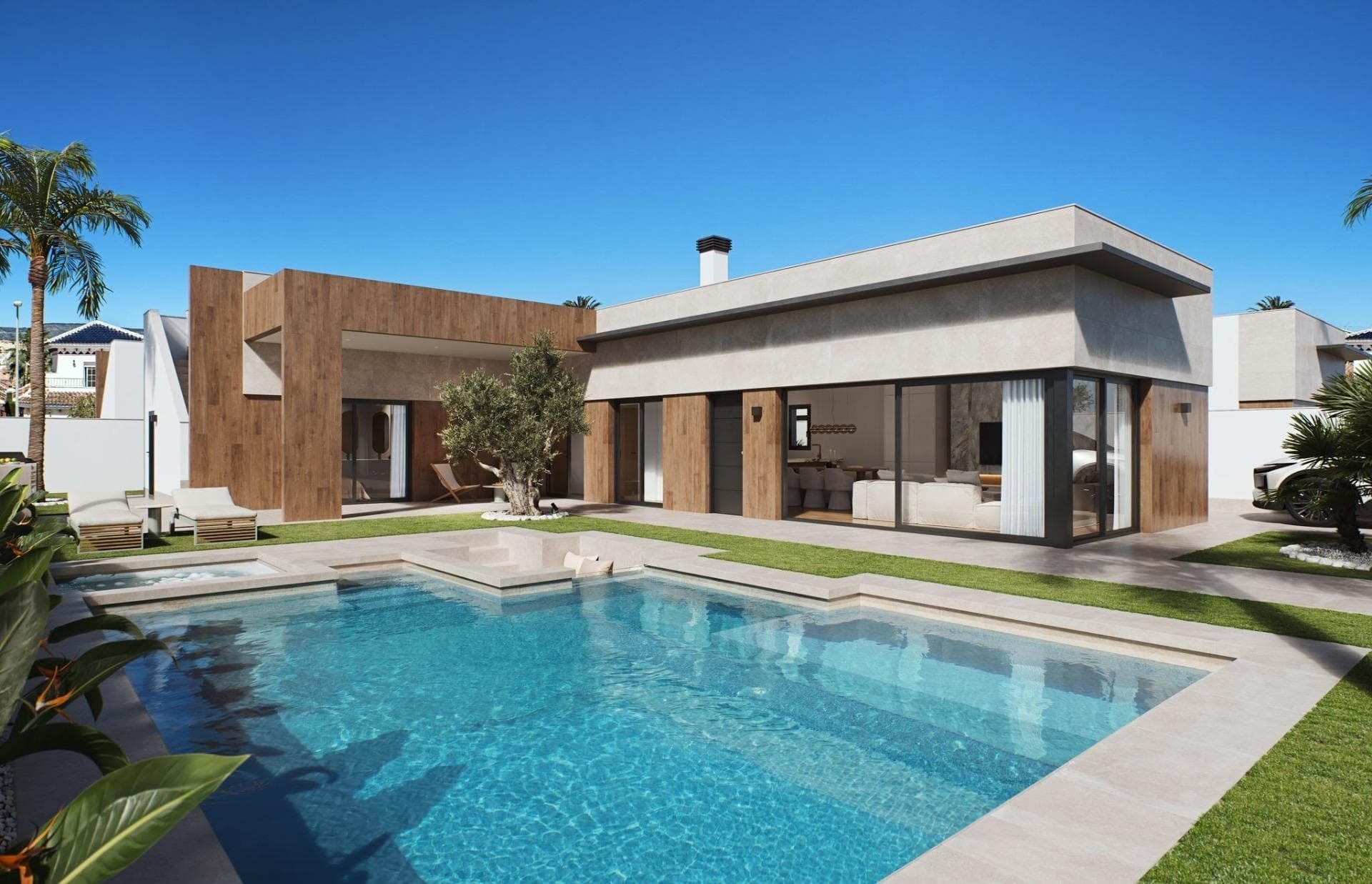 Luxury New Build Villas in Sucina with Private Pool and Large PlotsExclusive Contemporary Villas in Sucina, MurciaDiscover this boutique development of just 14 luxury new build villas in the charming town of Sucina, Murcia. Set on generous plots starting from 500 m2, these single level homes are designed to offer privacy, comfort and a relaxed Mediterranean lifestyle. Sucina is a traditional Spanish village that has grown in popularity thanks to its peaceful atmosphere, local amenities and proximity to the coast and golf resorts, making it ideal for both permanent living and holiday investment.Modern Design with Spacious Outdoor LivingEach villa offers approximately 145 m2 of built space, featuring 3 bedrooms, 2 bathrooms and a guest toilet. The open plan layout seamlessly connects the fully equipped kitchen with the bright living and dining area, creating a modern and functional living space filled with natural light.The outdoor areas are designed for year round enjoyment, including a private swimming pool with beach style entrance, integrated jacuzzi and a landscaped garden. A large rooftop solarium provides additional space for sunbathing and relaxing, while a covered outdoor seating area next to the pool offers the perfect setting for entertaining.High Quality Finishes and Energy EfficiencyThese villas are built with premium materials and include a wide range of modern features for maximum comfort and efficiency. Highlights include a reinforced entrance door, electric shutters, aerothermal system for hot water, pre installation of ducted air conditioning and photovoltaic solar panels with 3 kW capacity. Bathrooms come fully equipped with furniture, mirrors and shower screens, while the kitchens include all appliances. The plots also feature a motorized vehicle gate and private parking.Prime Location Close to Golf and BeachesLocated within walking distance of Sucina town center, residents have easy access to supermarkets, restaurants and daily services. The development is perfectly positioned for golf lovers, with several renowned golf courses within a short drive.Key distances include:Mar Menor beaches 16 kmNearest golf course 4 kmSan Pedro del Pinatar marina 20 kmMurcia International Airport 25 kmAlicante Airport 75 kmA Smart Investment on the Costa CalidaWhether you are looking for a permanent residence, a holiday home or a solid investment, these villas offer an excellent combination of location, quality and lifestyle.Contact us today to receive more information or to arrange a viewing and secure your new villa in Sucina.