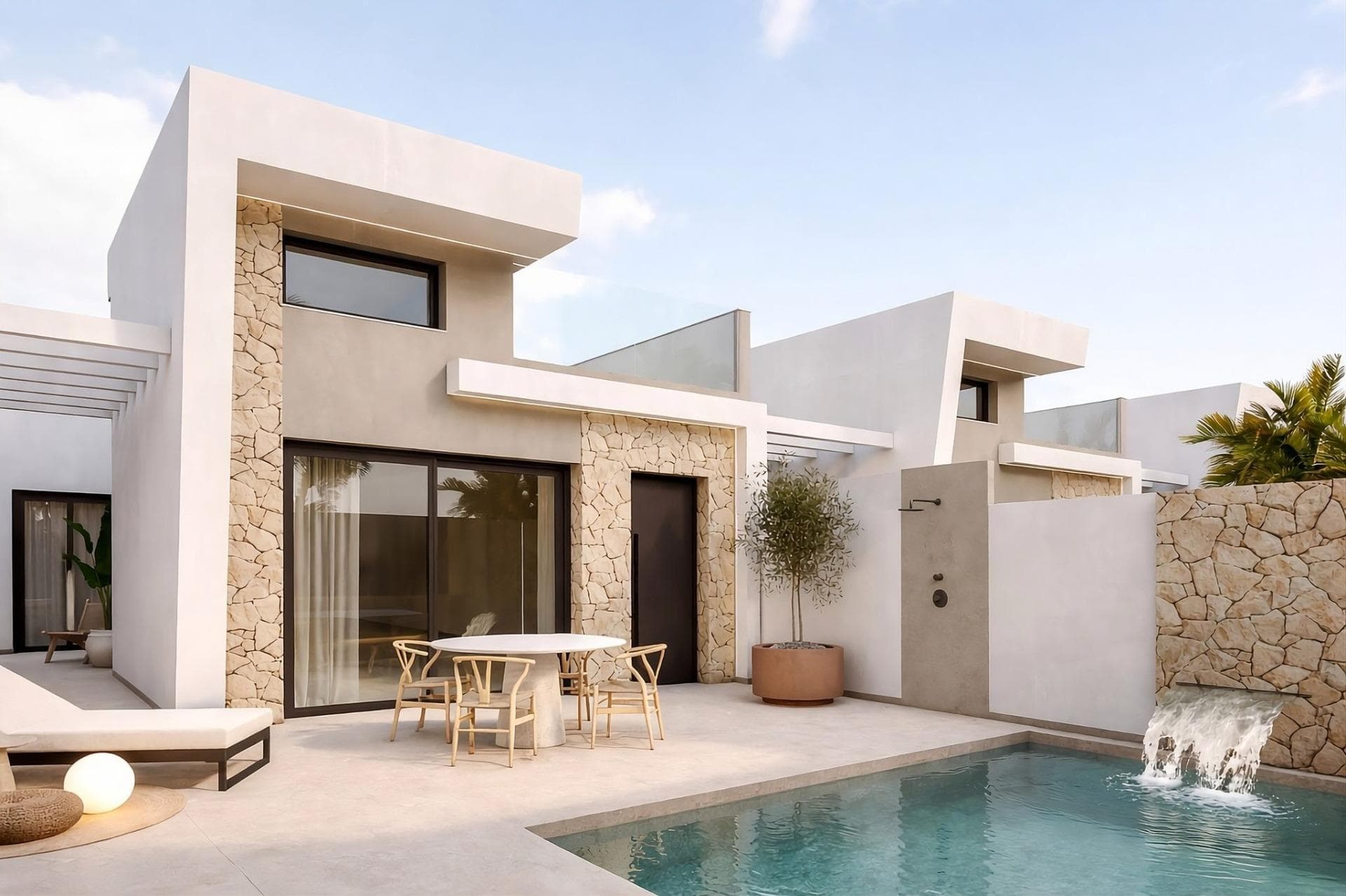 Exclusive New Build Villas with Private Pool Near the Beach in Los AlcazaresBoutique Development in a Prime Costa Calida LocationDiscover this exclusive collection of just 6 independent villas located in one of the most sought after areas of Los Alcazares, Murcia. Situated next to Torre del Rame and between La Serena Golf and the town center, these homes offer the perfect balance between coastal living and golf lifestyle. The beach is only 600 m away, allowing you to enjoy the Mar Menor and its calm, warm waters within minutes.Los Alcazares is a vibrant coastal town known for its long promenade, sandy beaches, restaurants and year round services. It is an ideal destination for both permanent living and holiday investment thanks to its relaxed atmosphere and excellent infrastructure.Modern Single Level Villas with SolariumEach villa is built on one level and offers approximately 112 m2 of living space on private plots ranging from 217 m2 to 310 m2. The homes feature 3 spacious bedrooms and 2 bathrooms, one of them ensuite, all designed with comfort and functionality in mind.The living and dining area stands out with its double height ceiling, creating a bright and airy space that enhances the sense of openness. Large windows connect the interior with the outdoor terrace and private pool area.Outdoor Living and Private PoolThese villas are designed to make the most of the Mediterranean climate. Each property includes a private swimming pool with waterfall feature, a spacious terrace and a large rooftop solarium. The solarium comes with a summer kitchen, worktop and space for a fridge, making it ideal for outdoor dining and entertaining all year round.Private parking is also included within the plot for added convenience.Quality Features and Modern ComfortThe villas are delivered with high quality finishes and modern installations, including fully equipped kitchens with appliances, bathrooms with furniture, mirrors and shower screens, electric shutters and LED lighting pack. There is also pre installation for ducted air conditioning, ensuring future comfort and efficiency.Excellent Connectivity and Nearby AmenitiesThe location offers easy access to key points of interest:Mar Menor beaches 0.6 kmLa Serena Golf 1 kmRoda Golf 3 kmCartagena 22 kmMurcia International Airport 35 kmAlicante Airport 90 kmMarina of Los Alcazares 2 kmYour Ideal Home by the Sea and GolfThese villas are perfect for those seeking a modern home close to the beach, a holiday retreat or a strong investment opportunity on the Costa Calida.Contact us today for more information or to arrange a visit and secure your new villa in Los Alcazares.