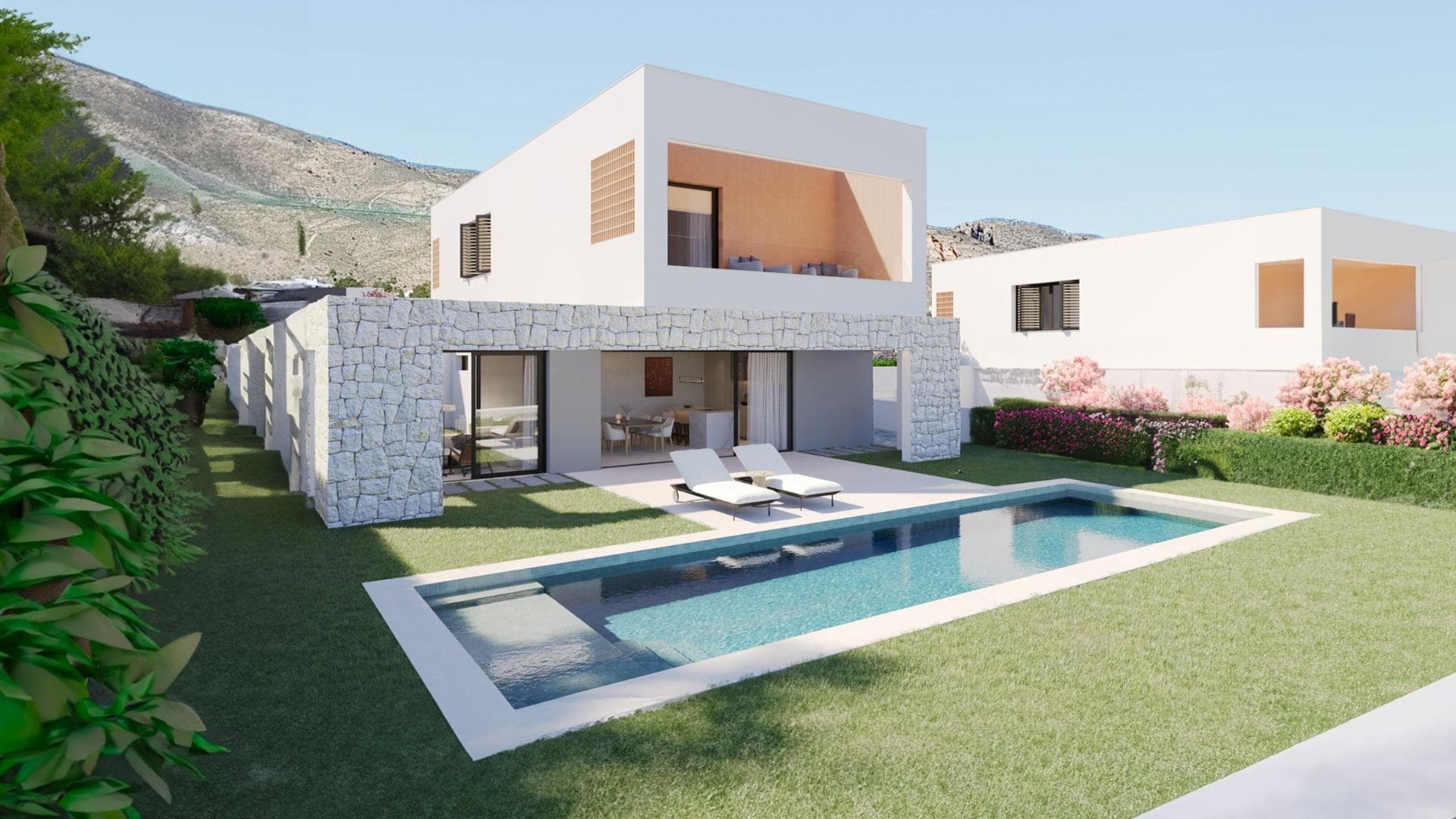 Exclusive Contemporary Villas in Finestrat Near Benidorm and the BeachLuxury New Build Villas in One of the Most Desirable Areas of the Costa BlancaDiscover the final collection of 5 exclusive villas in a consolidated residential in Finestrat, a prestigious residential area on the Costa Blanca known for its stunning sea views, peaceful surroundings and proximity to Benidorm. This boutique development consists of only 5 independent villas designed with contemporary architecture that combines clean lines, natural materials and spacious interiors. Set on private plots from 600 m2, these homes are perfect for enjoying the Mediterranean lifestyle all year round.Finestrat is one of the most sought after locations in Alicante province, offering a perfect balance between nature, golf, beaches and modern services. The charming village of Finestrat and the vibrant city of Benidorm are both just minutes away, providing excellent restaurants, shopping centers, entertainment and international schools.Bright Open Plan Design with Premium FeaturesEach villa is distributed over two carefully designed floors that maximize natural light and indoor outdoor living. The main floor features a spacious open concept living room, dining area and modern kitchen with direct access to the covered terrace, private garden and designer swimming pool. This seamless connection between interior and exterior spaces creates the ideal environment for relaxing or entertaining guests.The villas offer 4 bedrooms and 3 bathrooms with a functional layout designed for comfort and privacy. The upper floor includes bright bedrooms with access to private terraces, while the ground floor also includes an additional bedroom perfect for guests, a home office or multi purpose use.Private Outdoor Spaces and Mediterranean LivingEvery property includes a landscaped garden, contemporary private swimming pool, barbecue area and spacious terraces where you can enjoy the Costa Blanca climate throughout the year. Private parking within the plot and additional storage space provide convenience and practicality.High Quality Finishes and Energy EfficiencyThe homes are delivered with premium finishes and high quality installations. The fully equipped kitchens include Siemens appliances such as induction hob, oven, microwave, dishwasher and washing machine. Additional features include LED lighting indoors and outdoors, an energy efficient aerothermal system for hot water and climate control, and elegant modern finishes throughout the property.Excellent Location and Nearby Points of InterestThese villas enjoy a strategic location close to the main attractions of the Costa Blanca:Benidorm beaches 3 kmPuig Campana Golf 4 kmLa Marina Shopping Center 5 kmAltea 12 kmAlicante city 40 kmAlicante International Airport 55 kmValencia Airport 140 kmSecure Your Dream Villa in FinestratWhether you are searching for a luxury permanent residence, a holiday home or an investment property, these exclusive villas in Finestrat offer design, comfort and location in perfect harmony.Contact us today for more information or to arrange a private viewing of these exceptional new build villas on the Costa Blanca.