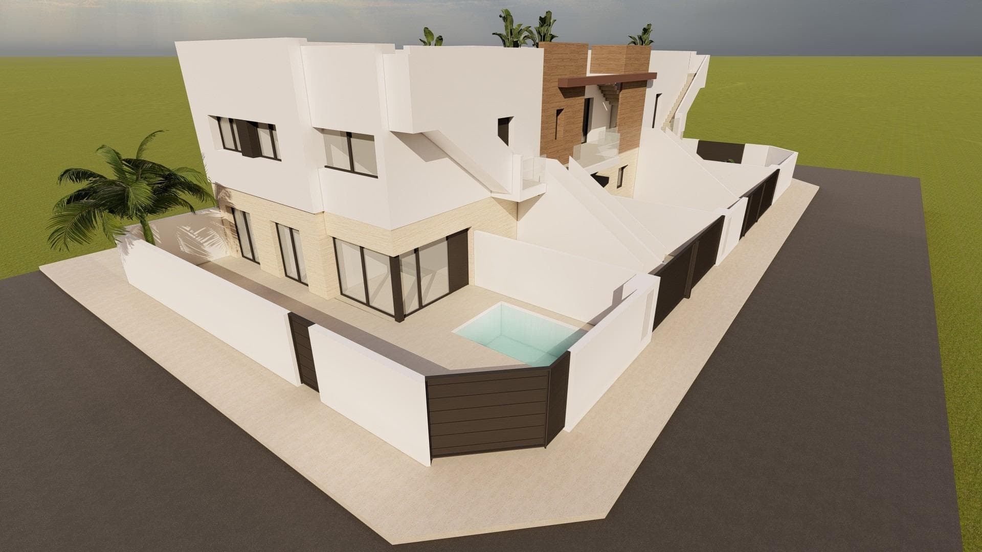 New Build Bungalows for Sale in Lo Pagan Near the Beach and MarinaModern Residential Complex in Lo Pagan, San Pedro del PinatarDiscover this exclusive new development of only 6 modern bungalows located in one of the most sought after areas of Lo Pagan, San Pedro del Pinatar, on the Costa Calida. Situated just 700 m from the beaches of Villananitos and El Castillico, and close to the Lo Pagan marina, this boutique residential complex offers the perfect combination of comfort, privacy and Mediterranean lifestyle.The development is located in a quiet residential area facing a large green park, while still being within walking distance of supermarkets, restaurants, cafes, shops, public transport and all essential daily services. The center of San Pedro del Pinatar is also nearby, offering a lively atmosphere throughout the year.Contemporary Homes Designed for Mediterranean LivingThe residential complex offers stylish 2 bedroom, 2 bathroom bungalows with carefully designed layouts to maximize natural light and outdoor living.Ground floor properties feature a private garden with parking space and interior patio, ideal for enjoying outdoor dining, relaxing in the sun or creating your own chill out space.Top floor properties include a private terrace and a spacious rooftop solarium, perfect for sunbathing, entertaining guests or enjoying open views of the surrounding area. These units also include private parking on the ground floor.For those seeking even more exclusivity, there is the option to add a private swimming pool.High Quality Features and Modern FinishesAll homes are built with quality materials and modern specifications to ensure comfort and energy efficiency throughout the year.Features include:Fully fitted kitchen with appliances includedElectric shuttersPre installation for ducted air conditioningInterior and exterior LED lighting packOpen plan living and dining areasExcellent Location on the Costa CalidaLo Pagan and San Pedro del Pinatar are well known for their beautiful beaches, relaxed lifestyle and unique natural surroundings between the Mar Menor and the Mediterranean Sea. The area is famous for its therapeutic mud baths, marina, seaside promenade and excellent gastronomy.Key distances:Villananitos Beach: 0.7 kmLo Pagan Marina: 0.8 kmDos Mares Shopping Center: 3 kmRoda Golf Resort: 10 kmLo Romero Golf: 15 kmMurcia International Airport: 35 kmAlicante Airport: 75 kmCartagena: 30 kmYour New Home by the Sea AwaitsThese new build bungalows in Lo Pagan are ideal as a permanent residence, holiday home or investment property on the Costa Calida. Contact us today for more information and secure your place in this exclusive coastal development.