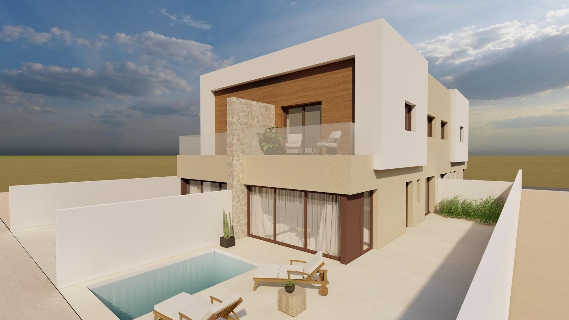 Modern New Build Quad Villas with Private Pool in Santiago de la RiberaExclusive Contemporary Homes Near the Beach in Santiago de la RiberaDiscover this exclusive new development of only 4 corner quad villas in Santiago de la Ribera, one of the most sought after coastal areas on the Costa Calida. Located in a privileged residential area surrounded by everyday services, sports facilities, restaurants and several golf courses, these modern homes offer the perfect combination of comfort, privacy and Mediterranean lifestyle.The development is situated just 600 m from Playa del Pescador and only a few minutes from the Mediterranean sea. Santiago de la Ribera is well known for its relaxed atmosphere, long promenade, marina and excellent year round climate, making it an ideal destination for permanent living, holidays or investment.Modern Villas Designed for Comfort and Outdoor LivingEach property has been thoughtfully designed across 2 floors with bright open spaces and a contemporary architectural style. The corner villas feature 3 bedrooms and 3 fully equipped bathrooms, including 2 ensuite bathrooms, offering comfort and privacy for the whole family. One bedroom is conveniently located on the ground floor, ideal for guests or multi generational living.The spacious open plan living and dining area connects perfectly with the modern fully fitted kitchen equipped with appliances, creating a functional and welcoming environment filled with natural light.Outdoor areas are designed to fully enjoy the Mediterranean climate. Every villa includes a private swimming pool, terraces on both the ground and first floors, a large rooftop solarium with summer kitchen and private parking within the plot. The master bedroom also benefits from direct access to a private terrace.High Quality Features and FinishesThese new build corner villas include excellent specifications and quality finishes designed for modern living:Fully equipped kitchen with appliancesBathrooms with vanity units, mirrors and shower screensLED lighting pack for interior and exterior areasPre installation for ducted air conditioningModern contemporary design with large windows and bright interiorsPrivate swimming pool and rooftop solarium with summer kitchenExcellent Location on the Costa CalidaSantiago de la Ribera offers excellent connectivity and access to key points of interest across the Murcia region and Costa Blanca South.Distances to main points of interest:Playa del Pescador: 0.6 kmMediterranean beaches: 6 kmRoda Golf Resort: 6 kmLo Romero Golf: 15 kmDos Mares Shopping Centre: 4 kmSan Pedro Marina: 5 kmMurcia International Airport: 38 kmAlicante Airport: 75 kmReserve Your New Home by the SeaThese exclusive new build villas in Santiago de la Ribera offer modern design, private outdoor spaces and an unbeatable location close to the beach and all amenities. Contact us today for more information or to arrange a visit and secure your dream property on the Costa Calida.