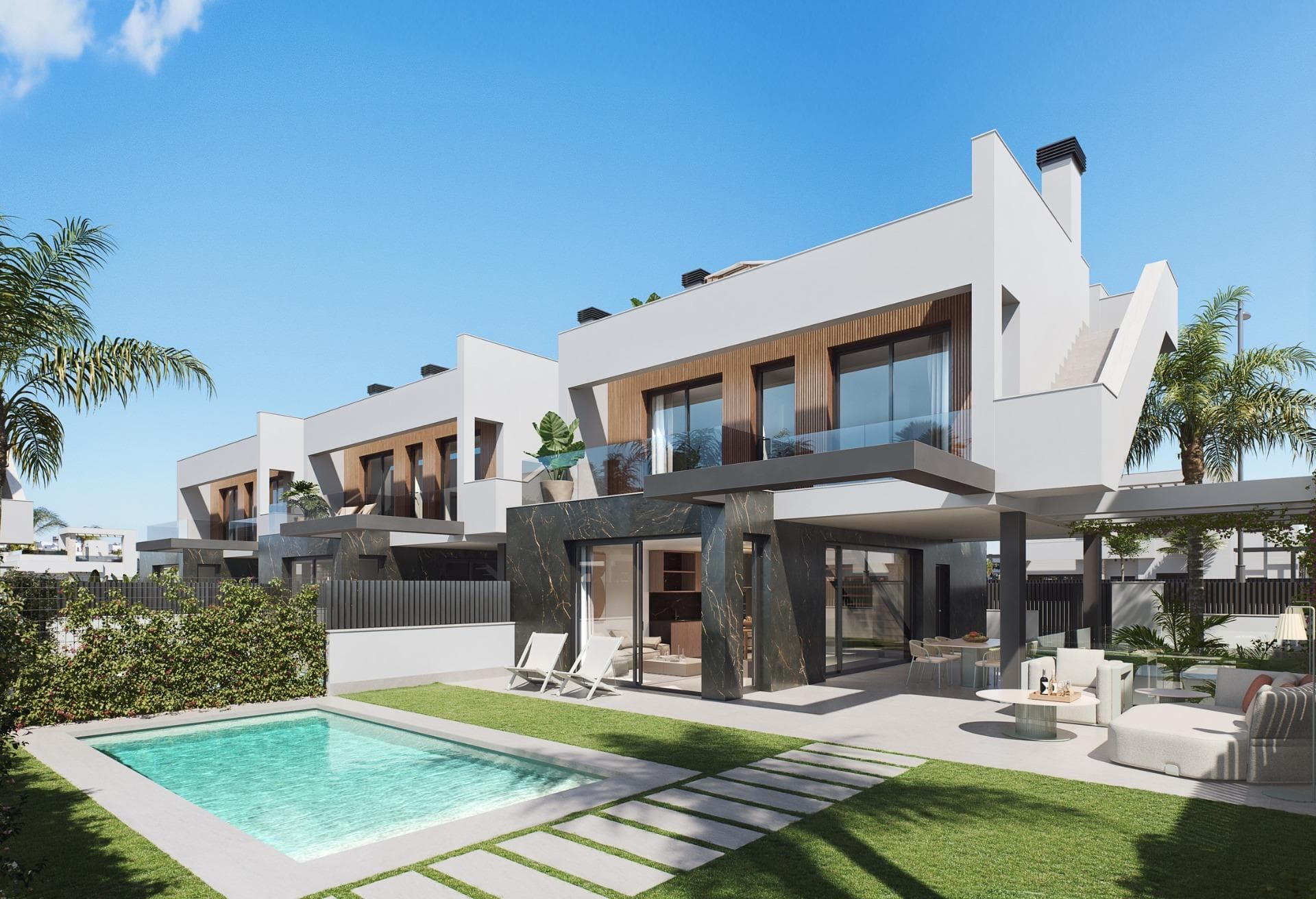 Modern villas at Santa Rosalía Lake and Life Resort: a new standard in Mediterranean luxuryContemporary design inspired by the MediterraneanDiscover these exclusive villas located at the prestigious Santa Rosalía Lake and Life Resort, a unique residential destination on the Costa Cálida. Inspired by Mediterranean architecture, these villas combine clean lines, natural light and modern comfort to create a harmonious and elegant setting. Each villa is designed to offer a perfect balance between luxury and relaxation, making it ideal as a permanent residence, holiday home or investment opportunity.Spacious layout and high-end finishesEach villa offers 229 m² of living space spread across a basement, two main floors and a rooftop solarium, situated on generous plots from 242 m². The properties feature 3 bedrooms and 3 bathrooms (2 of which are en-suite), providing ample space for family and guests. The private swimming pool with jacuzzi area, the spacious terraces and the rooftop solarium with summer kitchen invite you to enjoy the region’s exceptional climate all year round.Premium specifications include:Fully fitted kitchen with Bosch appliancesBathrooms with fitted furniture, mirrors, shower screens and heated towel railsReinforced entrance door and motorised vehicle access gateLED spotlights throughout the interior and exteriorPre-installation for ducted air conditioningPrivate swimming pool with jacuzzi areaBasement level with sunken courtyard for natural light and ventilationResort-style living in Santa RosalíaSanta Rosalía Lake and Life Resort is a private, gated community with 24-hour security, designed around an impressive 126,000 m² of green spaces. Residents enjoy walking and cycling trails, sports facilities, padel and tennis courts, mini-golf, gardens, dog parks and leisure areas. The clubhouse and the centrepiece of the resort, a stunning 17,000 m² crystal-clear lagoon surrounded by white sandy beaches and palm trees, offer an authentic Caribbean-inspired lifestyle. The lagoon even features two islands, one of which has its own bar, and several beach bars for relaxed dining.Prime location on the Costa CálidaThe development enjoys a central location within the complex, close to the lagoon and the beach club. It is less than 4 km from Los Alcázares beach, 15 minutes from Cartagena and just 22 km from Murcia International Airport. Golf enthusiasts will find several top-class courses within a short drive, whilst marinas, restaurants and local shopping areas complete the vibrant lifestyle offering.Your exclusive Mediterranean retreat awaitsExperience the perfect blend of luxury, comfort and well-being in the heart of the Costa Cálida.Contact us today to arrange a viewing and discover your dream villa at Santa Rosalía Lake and Life Resort.