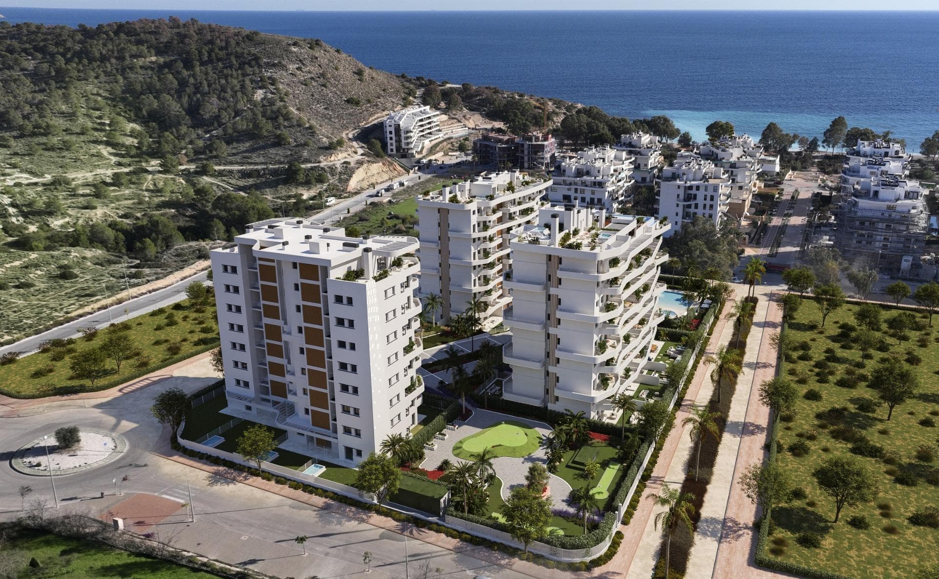 Luxury Resort in Villajoyosa – A Seaside ParadiseDiscover a Unique Residential Complex in Playa del TorresLocated less than a 5-minute walk from the serene Playa del Torres in Villajoyosa, this exclusive new development offers 164 modern apartments and penthouses with 1 to 3 bedrooms. Designed to provide the ultimate lifestyle, the community combines luxury, relaxation, and unparalleled amenities in a tranquil Mediterranean setting.Exceptional Amenities for All ResidentsThe heart of this development is the Roof Top, situated on the rooftop of Block 2. This thoughtfully designed space includes a stunning pool with panoramic views, Chill-out areas, a barbecue zone, a multi-use area, and a gazebo, perfect for socializing or unwinding.Indoor social lounge, ideal for gourmet dining with friends or as a coworking space.For water lovers, the complex features:Tropical-style pools with beach-style access.A heated swimming lane pool, a children’s pool, and a heated jacuzzi.Fitness enthusiasts can enjoy:Indoor and outdoor gyms, complete with a calisthenics circuit.A putting green and mini golf for leisure activities.Modern Homes with Premium FeaturesEach apartment is equipped with:A fully fitted kitchen with high-quality appliances, including a refrigerator, microwave, oven, dishwasher, and an integrated washer/dryer.Energy-efficient aerothermal systems for hot water and air conditioning.Radiant floor heating in bathrooms.High-quality PVC windows with thermal insulation and double glazing.Private parking and storage space for added convenience.The building boasts an A energy rating, ensuring maximum efficiency and sustainability.Perfect Location in VillajoyosaNestled in Playa del Torres, this complex offers a peaceful retreat surrounded by natural beauty. The beach’s crystal-clear waters and turquoise hues provide an idyllic backdrop for relaxation. The development is conveniently located:2 km from Villajoyosa’s charming town center.10 km from Benidorm, with its vibrant nightlife and shopping.30 minutes by car to Alicante Airport.Villajoyosa, known for its colorful houses and rich history, remains an authentic Mediterranean gem. Recently recognized as the “Best Secret Destination in Europe 2024” by European Best Destinations, this town blends tradition, natural beauty, and tranquility.Your Dream Home Awaits in Playa del TorresExperience the best of modern living in a natural paradise. With its prime location, luxurious amenities, and contemporary design, this development is perfect for those seeking a home by the sea. Contact us today to schedule a visit and make this stunning property yours!