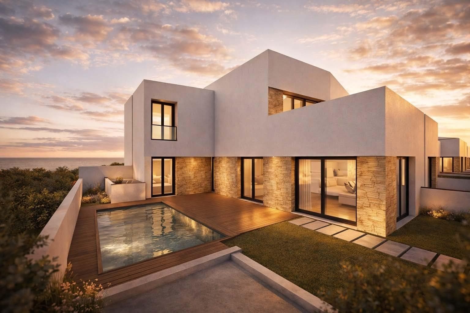 Modern New Build Quad Villas in Bigastro, AlicanteContemporary Villas in a Peaceful Mediterranean SettingDiscover this exclusive development of just 8 modern quad corner villas located in the charming town of Bigastro, in the Alicante province on the Costa Blanca South. Situated in a growing residential area within walking distance of the town center, these stylish homes offer an ideal combination of comfort, modern design and excellent value for money in a peaceful Mediterranean environment.Bigastro is a traditional Spanish town in the Vega Baja region, known for its relaxed atmosphere, excellent local services and convenient access to the coast and major cities. Surrounded by nature and orchards, the town provides an authentic lifestyle while remaining close to beaches, golf courses and shopping centers.Spacious Two Storey Villas with Flexible LayoutsThese contemporary villas offer approximately 142 m2 of built area distributed over two floors. Each property includes 3 bedrooms, with one bedroom conveniently located on the ground floor, 2 bathrooms including one ensuite bathroom, a guest toilet and a private patio. The upper floor features a large open terrace ideal for sunbathing, outdoor dining or relaxing all year round.Buyers can choose between properties with or without a basement. The basement includes an English patio that provides natural light and ventilation, creating additional versatile space suitable for extra bedrooms, a home office, gym, games room or storage area.There is also the possibility to add a private rooftop solarium, a private swimming pool or customize the basement layout according to individual needs.High Quality Features and Energy Efficient DesignThese villas have been designed with modern finishes and energy efficient systems to ensure maximum comfort and low maintenance. Each home includes:Furnished open plan kitchen connected to the living and dining areaFitted wardrobes in all bedroomsPre installation for ducted air conditioningElectric shutters in bedroomsExterior carpentry with thermal break technologyReinforced security entrance doorMotorized vehicle access gateAerothermal system for hot water productionThe combination of contemporary architecture and functional layouts creates bright and welcoming living spaces perfect for permanent living or holiday use.Excellent Location with Great ConnectionsBigastro offers all essential services including supermarkets, schools, sports facilities, parks, restaurants and local shops. Its strategic location provides quick access to nearby coastal areas and major road networks including the AP 7 motorway.Distances to Main Points of InterestBigastro town center: 0.5 kmOrihuela city center: 5 kmVega Baja Hospital: 10 kmGuardamar del Segura beaches: 15 kmLa Zenia Boulevard Shopping Center: 20 kmLo Romero Golf Course: 22 kmVillamartin Golf: 24 kmAlicante International Airport: 48 kmMurcia city center: 55 kmYour New Home on the Costa Blanca AwaitsEnjoy modern Mediterranean living in a peaceful and well connected location on the Costa Blanca South. Contact us today for more information or to arrange a visit to these exclusive new build corner villas in Bigastro.