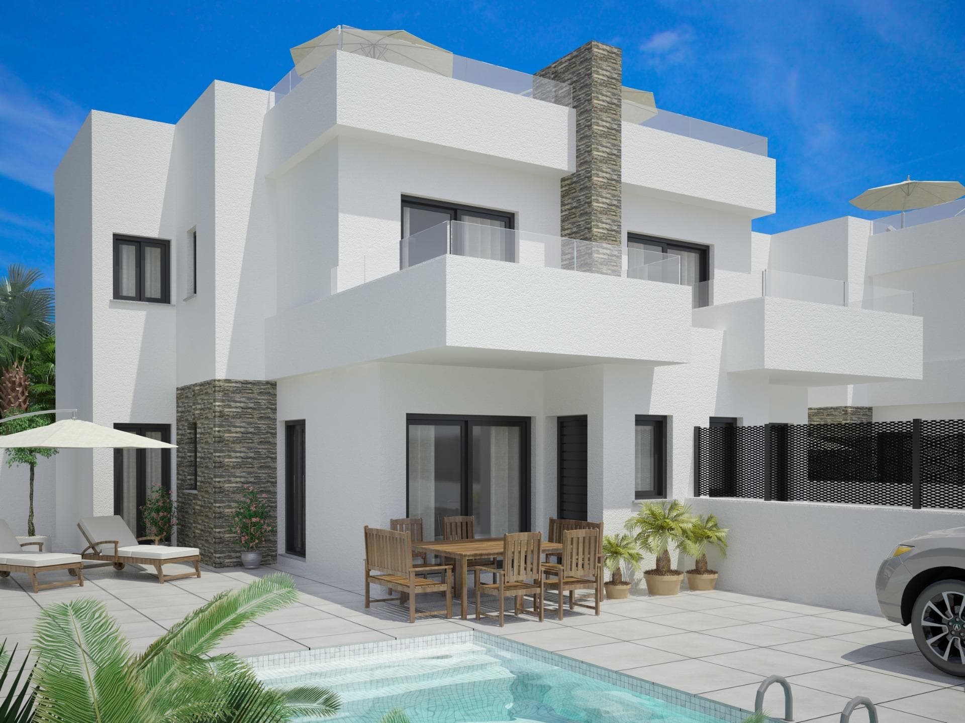 Luxury New Build Semi Detached Villas at Vistabella Golf ResortModern Mediterranean Villas in a Prestigious Golf ResortDiscover this exclusive collection of luxury new build semi detached villas located in the sought after Vistabella Golf Resort, between San Miguel de Salinas and Los Montesinos on the Costa Blanca South. Designed with contemporary architecture, elegant finishes and comfortable living spaces, these stylish homes offer the perfect balance between tranquility, nature and modern convenience.Set within a secure and well established golf community, the villas enjoy a peaceful environment surrounded by green landscapes, while remaining close to beaches, shopping areas, restaurants and essential services. Vistabella Golf Resort has become one of the most desirable residential destinations in the area thanks to its excellent facilities and Mediterranean lifestyle.Spacious and Functional Contemporary HomesThese modern villas are distributed over two levels and offer bright open plan interiors designed to maximize natural light and comfort. Each property features 3 spacious bedrooms and 2 modern bathrooms, creating an ideal home for permanent living, holidays or investment.The main living area combines a stylish lounge, dining space and fully integrated kitchen with direct access to the outdoor terrace and private garden. Large windows create a seamless connection between indoor and outdoor living, allowing residents to fully enjoy the sunny Costa Blanca climate throughout the year.Outside, each villa includes a private swimming pool, landscaped garden and private parking space within the plot. Buyers also have the option to add a rooftop solarium for an additional cost, providing extra outdoor space with open views of the surrounding golf course and countryside.High Quality Specifications and Energy EfficiencyThe villas are built with high quality materials and modern energy efficient systems to guarantee comfort and sustainability. Features include automated shutters, underfloor heating in bathrooms, pre installation for ducted air conditioning and Energy Efficiency Certificate Class A.The combination of elegant design, quality construction and practical features creates homes that are both stylish and functional.Prime Location Near Golf, Beaches and ServicesVistabella Golf Resort is known for its beautiful 18 hole golf course with wide fairways, scenic lakes and modern facilities. The clubhouse, restaurants, bars and local shops are located within walking distance from the villas.Distances to key points of interest include:Vistabella Golf Clubhouse: 500 mSan Miguel de Salinas: 5 kmLos Montesinos: 5 kmGuardamar beaches: 15 kmLa Zenia Boulevard Shopping Centre: 18 kmTorrevieja Marina: 17 kmAlicante Airport: 55 kmMurcia Corvera Airport: 65 kmSecure Your New Home on the Costa BlancaThese contemporary semi detached villas at Vistabella Golf Resort offer an excellent opportunity to enjoy golf, sunshine and Mediterranean living in one of the most attractive areas of the Costa Blanca South.Contact us today for more information or to arrange a private viewing of these exclusive new build villas.