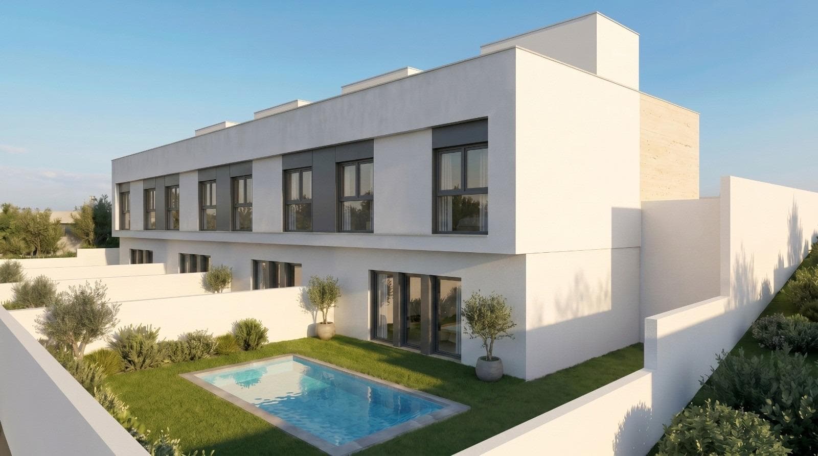 Development of 4 newly built semi-detached and terraced villas with private swimming pools at the Mazarrón Country ClubModern villas in a peaceful residential settingDiscover this exclusive development of semi-detached and terraced villas situated in the Mazarrón Country Club area, Murcia. Set in a peaceful residential setting and surrounded by nature, this location offers the perfect balance between tranquillity and accessibility. The Country Club is renowned for its relaxed atmosphere, wide streets and proximity to both the coast and the town of Mazarrón, making it an attractive option for permanent living or holidaying.Each villa is spread over two floors plus a sun terrace, featuring three bedrooms and three bathrooms on plots of approximately 190 m².The bright, open-plan living area combines the lounge, dining room and kitchen, with direct access to the upper terrace, whilst the lower garden with its 5x3m private swimming pool is accessed from the basement. Large windows allow natural light to flood throughout the house and create a seamless connection between indoor and outdoor living.Each property also includes on-site parking, ensuring convenience and security.Private solarium with unobstructed viewsAccessible via an internal staircase, the private rooftop solarium offers an additional outdoor area to enjoy the Mediterranean climate all year round. The sun deck is fitted with water and electricity connections, allowing for the future installation of an outdoor kitchen, an outdoor shower or a relaxation area. This elevated space is perfect for relaxing, entertaining guests or enjoying panoramic views of the surrounding landscape.High-quality finishes and modern comfortThese newly built villas are constructed using high-quality materials and modern finishes to ensure their durability and comfort. Features include fitted wardrobes in all bedrooms, pre-installation for ducted air conditioning, and a fitted kitchen complete with appliances. The contemporary design and practical layout make these properties suitable as a permanent home, holiday home or smart investment.Convenient location near Mazarrón and the coastThe development is situated approximately 9 km from the beaches of Mazarrón and just 5 km from the town of Mazarrón, where all essential amenities can be found, including shops, restaurants, medical centres and schools. The area also benefits from easy access to the motorway, allowing for smooth connections to nearby towns and villages.Key distances to points of interestMazarrón town centre: 5 kmMazarrón and Bolnuevo beaches: 9 kmMazarrón marina: 14 kmGolf courses: 20 kmMurcia Corvera Airport: 45 kmCity of Cartagena: 35 kmYour new home on the Costa CálidaEnjoy privacy, comfort and outdoor living in one of these exclusive, newly built semi-detached villas at the Mazarrón Country Club. Contact us today for more information or to arrange a viewing and secure your place in this attractive residential area.