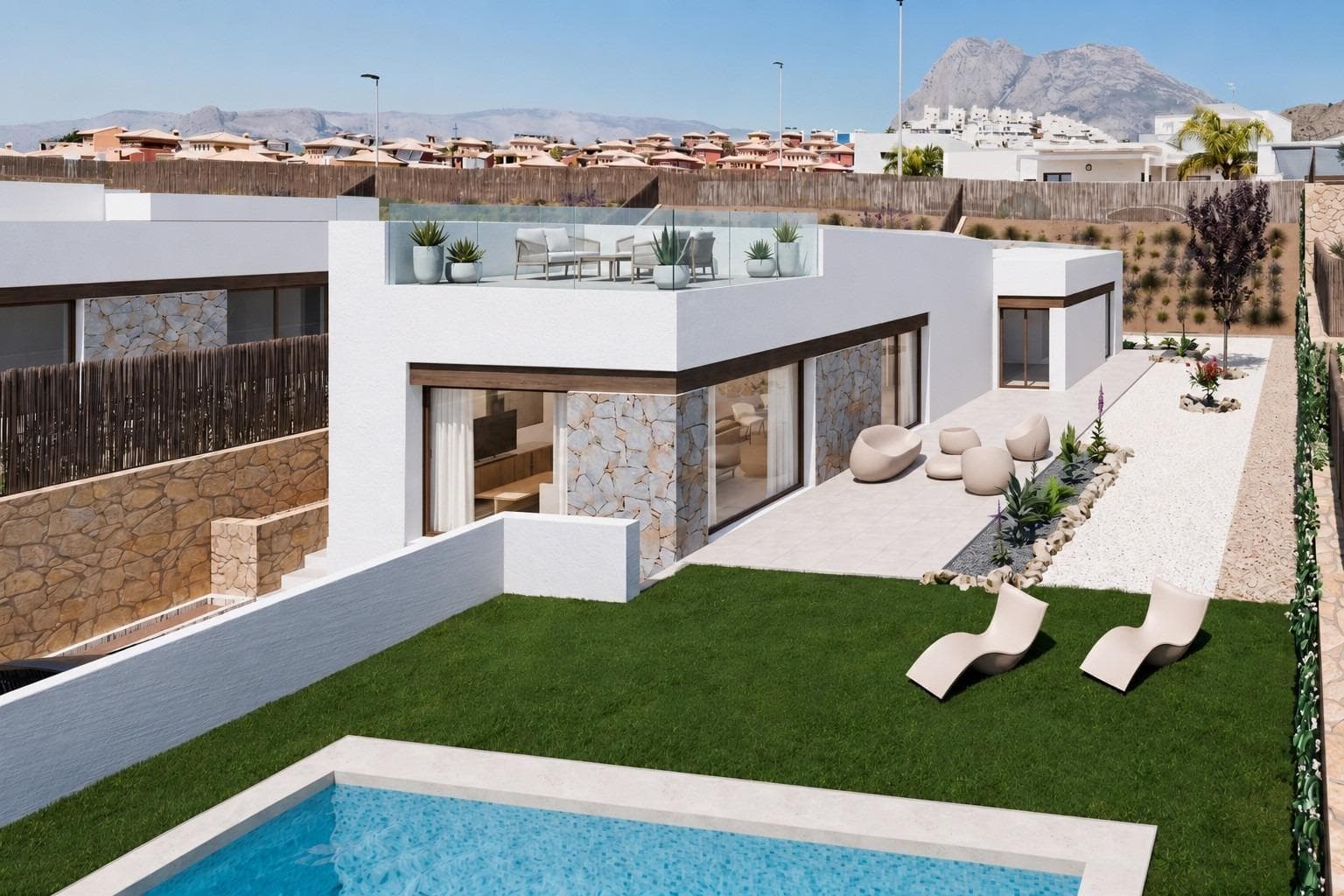 Exclusive Contemporary Villas with Panoramic Views in Balcon de Finestrat, Costa Blanca NorthBoutique Collection of Luxury New Build Villas in FinestratDiscover an exclusive development of just five contemporary villas located in the highly sought after residential area of Balcon de Finestrat, one of the most desirable locations on the Costa Blanca North. Surrounded by natural beauty and elevated to capture spectacular panoramic views of the Puig Campana mountain and the Mediterranean coastline, these homes offer the perfect combination of privacy, modern design and convenience.Positioned just 5 km from the beaches of Finestrat and Benidorm, this boutique development provides a peaceful setting while remaining close to all essential services, leisure facilities, shopping centres and entertainment options.Modern Architecture Designed for Mediterranean LivingThe project offers two carefully designed villa models, both created to maximise natural light, spaciousness and the connection between indoor and outdoor living.The two storey villas feature 3 bedrooms and 2 bathrooms, with bright open plan living areas and a large first floor terrace offering stunning views of the surrounding landscape. An optional basement level is available, providing additional space for a gym, home cinema, guest accommodation or entertainment area.The single level villas offer 3 bedrooms and 2 bathrooms on one floor, ideal for comfortable everyday living. These homes include an impressive 115 m² private rooftop solarium where owners can enjoy the Mediterranean climate throughout the year.High Quality Features and SpecificationsEach villa has been designed with quality, comfort and functionality in mind. Features include:• Private swimming pool and landscaped garden• Fully furnished and equipped kitchen• LED lighting package for interior and exterior areas• Pre installation for ducted air conditioning• Reinforced security entrance door• Built with modern materials and contemporary finishes• Private plot with excellent outdoor living spacesPrime Location Close to Beaches, Golf and AmenitiesBalcon de Finestrat has become one of the fastest growing residential areas on the Costa Blanca thanks to its peaceful surroundings, stunning views and excellent connections. Residents enjoy easy access to beaches, golf courses, shopping centres and international services.Distances to key points of interest:• Alfarella Golf Course: Walking distance• Puig Campana Golf: 4 km• Finestrat Beach: 5 km• Benidorm Centre: 6 km• La Marina Shopping Centre: 4 km• Villajoyosa: 12 km• Alicante International Airport: 55 km• Alicante City Centre: 45 km• Marina Baixa Hospital: 7 kmAn Exceptional Investment on the Costa BlancaWhether you are looking for a permanent residence, a holiday home or a high potential investment property, these exclusive villas offer an outstanding opportunity in one of the most attractive areas of the Costa Blanca North. Combining contemporary architecture, private outdoor spaces, breathtaking views and an excellent location, these homes are designed to enjoy the very best Mediterranean lifestyle.Contact us today for more information or to arrange a viewing of the show home and secure your place in this exclusive new development in Balcon de Finestrat.