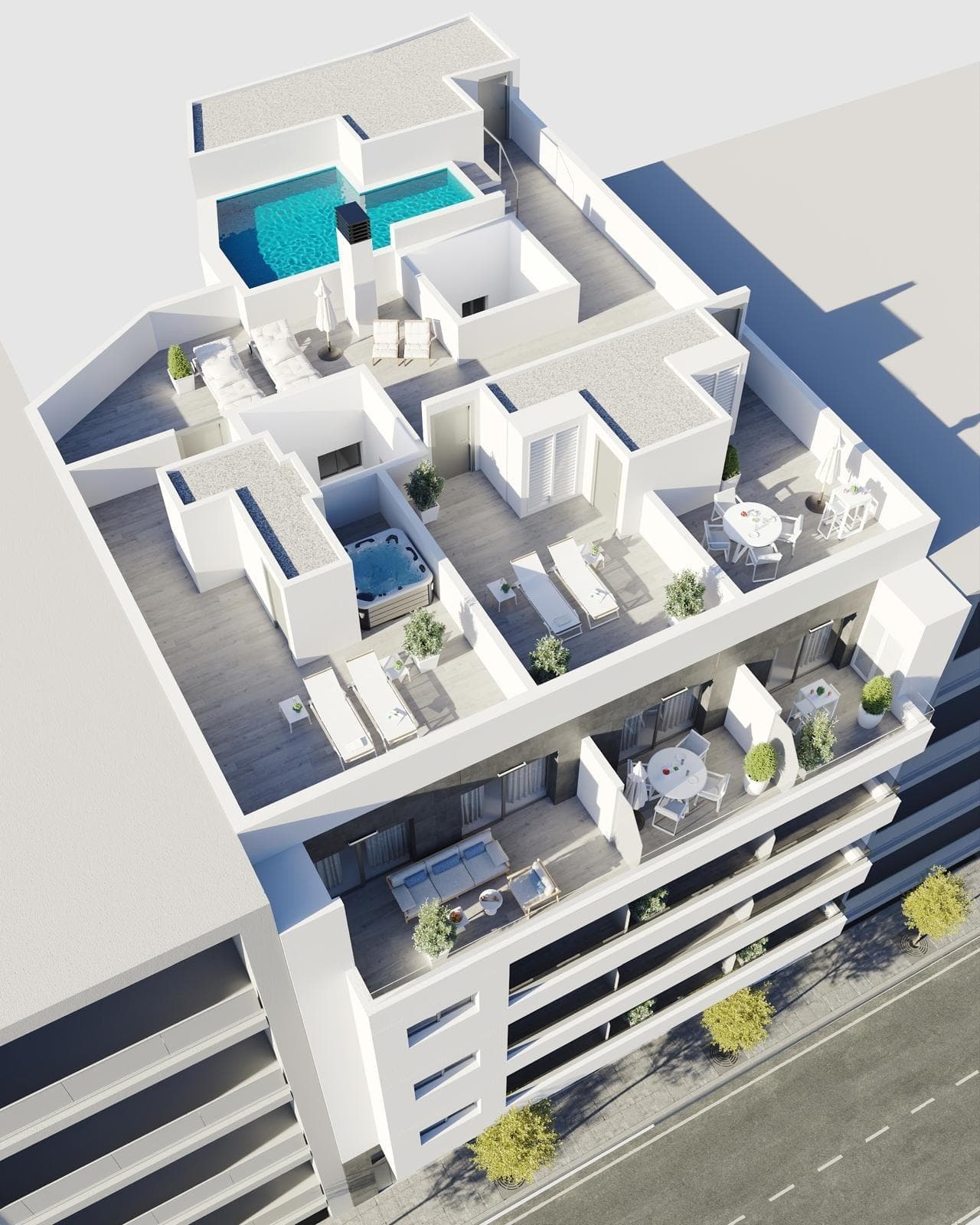 New Build Apartments in Torrevieja Just 400 m from Playa del CuraPrime Location in the Heart of TorreviejaDiscover these brand new apartments and penthouses in one of the most sought after areas of Torrevieja, only 400 m from Playa del Cura and just 150 m from the seafront promenade. Located in the city centre, this vibrant neighborhood offers all essential services within walking distance, including supermarkets, shops, restaurants, cafes and public transport. Torrevieja is a well known coastal city on the Costa Blanca, famous for its mild Mediterranean climate, lively atmosphere and year round lifestyle by the sea.Modern Apartments with Spacious LayoutsThis exclusive new development consists of only 12 apartments and penthouses with 2 or 3 bedrooms, designed to offer comfort, functionality and contemporary style. Middle floor apartments feature generous terraces, while the penthouses enjoy an additional private solarium, ideal for sunbathing or outdoor dining. All homes include an open plan kitchen connected to the living and dining area, creating bright and welcoming interiors. Bedrooms come with fitted wardrobes, and bathrooms are fully equipped with furniture, mirrors and shower screens. Optional underground parking spaces and storage rooms are available at an extra cost.Quality Finishes and Energy Efficient FeaturesThe apartments are built with high quality materials and a strong focus on energy efficiency. Exterior aluminum carpentry includes thermal break technology and double glazing for thermal and acoustic insulation. Motorized shutters add comfort and security. Each home has pre installation for ducted air conditioning and heating, reinforced entrance doors and white lacquered interior doors. Hot water is produced through an aerothermal system, reducing energy consumption and improving sustainability.Rooftop Solarium with Communal PoolResidents can enjoy an exclusive rooftop solarium with a communal swimming pool, accessible by lift or stairs. This private area is perfect for relaxing, sunbathing and enjoying open views over the city. It provides a peaceful retreat above the lively streets of Torrevieja and adds significant value to the development.Torrevieja Lifestyle and SurroundingsTorrevieja is known for its long coastline, sandy beaches and iconic salt lagoons. The Natural Park of La Mata and Torrevieja lagoons is approximately 5 km away and offers walking trails and unique landscapes. Several golf courses such as Villamartin Golf and Las Colinas Golf are within 12 to 18 km. Torrevieja Marina and port are around 1 km away. Alicante Airport is approximately 45 km and Murcia International Airport around 65 km, both with excellent European connections.Your Coastal Home AwaitsDo not miss this opportunity to own a modern new build apartment close to the beach in Torrevieja. Contact us today for more information or to arrange a private viewing.
