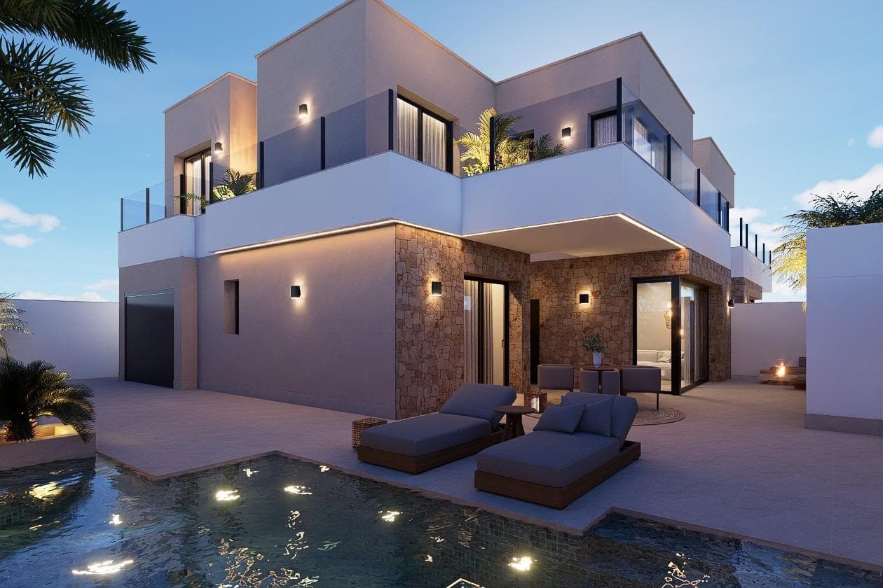 New Build Luxury Villas for Sale in San Pedro del Pinatar Near the Mar MenorExclusive Collection of Only 2 Independent Villas in San Pedro del PinatarDiscover this exclusive new build development of just 2 detached villas located on plots of over 300 m2 in San Pedro del Pinatar, one of the most sought after locations on the Costa Calida. Designed to combine modern architecture, comfort, and energy efficiency, these elegant homes offer the perfect opportunity for permanent living, holiday use, or investment.Situated on the outskirts of the town, the villas enjoy a peaceful residential setting while being within walking distance to supermarkets, restaurants, shops, sports facilities, and all daily services. The beaches of the Mar Menor are only 3.5 km away, making this an ideal place to embrace the Mediterranean lifestyle.Modern Design with Spacious LayoutsEach villa has 210 m2 of constructed area distributed over two floors and has been carefully designed to maximize space, natural light, and functionality. The properties feature 4 spacious bedrooms with fitted wardrobes and 4 fully equipped bathrooms, creating an ideal home for families or those who enjoy having guests.The open plan living and dining area connects seamlessly with the fully fitted kitchen, which includes all appliances. Large windows create a bright and airy atmosphere while enhancing the connection between indoor and outdoor living.On the first floor, each bedroom enjoys access to one of the three private terraces, offering additional outdoor space and privacy. There is also the option to add a rooftop solarium for even more sun and open views.Private Pool, Garden and Premium FeaturesOutside, each villa includes a private swimming pool with integrated jacuzzi, landscaped garden, closed garage, and additional parking space within the plot.High quality features include LED lighting inside and outside, aerothermal hot water system, electric shutters on large balcony doors, pre installation for ducted air conditioning, and modern bathrooms complete with vanity units, mirrors, and shower screens.Prime Location in San Pedro del PinatarSan Pedro del Pinatar is famous for its natural salt lakes, beautiful beaches, marina, and therapeutic mud baths. Located between the Mar Menor and the Mediterranean Sea, it offers a unique coastal lifestyle with excellent weather all year round.Distances to Key Points of InterestMar Menor beaches 3.5 kmMediterranean beaches 5 kmSan Pedro Marina 4 kmDos Mares Shopping Center 5 kmLo Romero Golf 10 kmRoda Golf 15 kmMurcia Corvera Airport 30 kmAlicante Airport 80 kmYour New Home on the Costa Calida AwaitsThese exclusive villas offer privacy, style, and an unbeatable location close to the sea and all amenities. Contact us today for more information or to arrange your private viewing and secure your dream home in San Pedro del Pinatar.