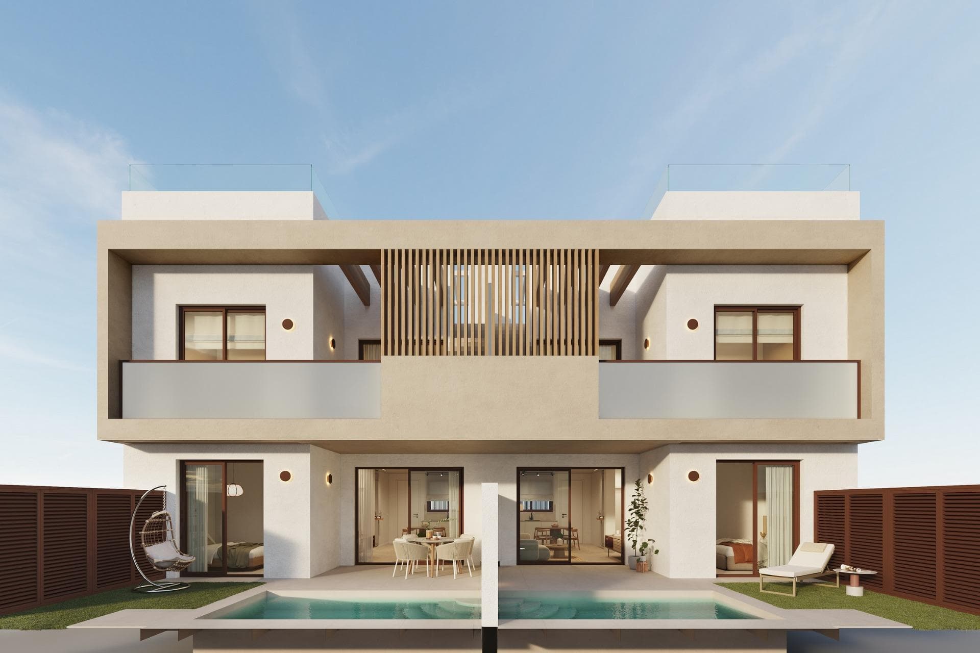 Exclusive New Build Bungalows with private pool in San Pedro del PinatarDiscover this stylish boutique development of just 4 new build bungalows in San Pedro del Pinatar, one of the most sought after coastal towns on the Costa Calida. Designed for those who value privacy, comfort and modern Mediterranean living, these exclusive homes combine contemporary design, private outdoor spaces and premium features in an unbeatable location just 1 km from the beach.Situated in the popular Molino del Chirrete area, this development enjoys a peaceful residential setting while remaining within walking distance of supermarkets, restaurants, cafes, sports facilities and all daily services. The beautiful beaches of the Mar Menor and the Mediterranean Sea are just minutes away, making it ideal for permanent living, holidays or investment.Modern Design with Private Outdoor LivingThis boutique project offers two types of homes to suit different lifestyles. Choose between ground floor bungalows with spacious private gardens or top floor properties with large rooftop solariums. All homes include a private swimming pool and private parking space.The interiors feature a bright open plan living and dining area with an integrated kitchen, creating a modern and functional space designed to maximize comfort and natural light. Each property includes 2 spacious bedrooms and 2 fully equipped bathrooms, one of them ensuite.Ground floor homes offer generous outdoor areas surrounding the property, including front and rear patios, covered terraces and a private pool, perfect for enjoying outdoor living all year round.Top floor homes include two private terraces and a cozy rooftop solarium complete with private pool, pergola and pre installation for a summer kitchen, ideal for entertaining and relaxing under the sun.High Quality Finishes and Energy Efficient FeaturesBuilt to an excellent specification, all homes include fully installed Toshiba ducted air conditioning, electric shutters, LED lighting throughout, fully fitted bathrooms with electric underfloor heating, and fully furnished and equipped kitchens.These properties have been designed to combine style, efficiency and functionality, offering a turnkey solution for buyers looking for a modern home by the sea.Prime Location and Nearby Points of InterestVillananitos Beach 1 kmMediterranean beaches 3 kmSan Pedro Marina 2 kmDos Mares Shopping Centre 4 kmLo Romero Golf 10 kmRoda Golf 14 kmMurcia Airport 38 kmAlicante Airport 75 kmYour New Home on the Costa Calida AwaitsThis is a rare opportunity to own a boutique new build bungalow with private pool in one of the most attractive coastal locations in Southern Spain. Contact us today for more information or to arrange your private viewing.