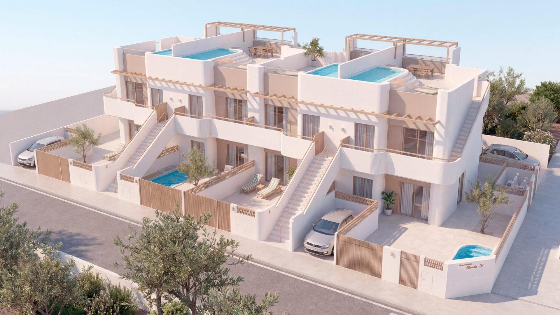 Exclusive New Build Bungalows with private pool in Pilar de la HoradadaDiscover this boutique new build development of just 8 modern bungalows in Pilar de la Horadada, one of the most attractive towns on the Costa Blanca South. Designed for those seeking comfort, privacy and Mediterranean lifestyle, these stylish homes combine contemporary architecture, private outdoor spaces and premium finishes in a highly convenient location close to the town center and only 3.5 km from the beach.Situated in a well established residential area, this exclusive development offers easy access to supermarkets, restaurants, bars, pharmacies and all daily services, making it ideal for permanent living, holiday escapes or investment.Modern Homes Designed for Comfort and Outdoor LivingThe residential complex consists of 8 bungalows, all offering 2 bedrooms and 2 bathrooms, including one ensuite. Buyers can choose between ground floor properties with private garden or top floor homes with spacious private solarium.Every property includes a private swimming pool and private parking space, allowing residents to enjoy outdoor living in total privacy. The interiors have been carefully designed with bright open plan living spaces, creating a perfect connection between indoor and outdoor areas.The fully fitted kitchens come equipped with appliances, while the bathrooms include vanity units, mirrors and underfloor heating for added comfort.High Quality Finishes and Energy Efficient FeaturesEach home is built to a high standard and includes pre installation for ducted air conditioning, reinforced security entrance door, aerothermal hot water system, electric shutters and a complete LED lighting package for both interior and exterior areas.In addition, every property benefits from a summer kitchen, making the private solarium or garden even more enjoyable for entertaining family and friends throughout the year.Prime Location in Pilar de la HoradadaPilar de la Horadada is a charming traditional Spanish town located at the southernmost point of the Costa Blanca. Known for its welcoming atmosphere, wide main avenue, local shops, restaurants and plazas, it offers a perfect blend of authentic Spanish lifestyle and modern conveniences.The nearby beaches of Torre de la Horadada and Mil Palmeras are famous for their fine golden sand, clear waters and scenic promenades. The area also offers excellent cycling routes, sports facilities and golf courses, making it ideal for an active outdoor lifestyle.Distances to Key Points of InterestTown center 0.5 kmBeach 3.5 kmTorre de la Horadada Marina 4 kmLo Romero Golf 5 kmDos Mares Shopping Centre 12 kmMurcia Corvera Airport 40 kmAlicante Airport 75 kmSecure Your New Home on the Costa BlancaThis is a fantastic opportunity to own a modern new build bungalow with private pool in one of the most desirable locations on the Costa Blanca South. Contact us today for more information or to arrange your private viewing.