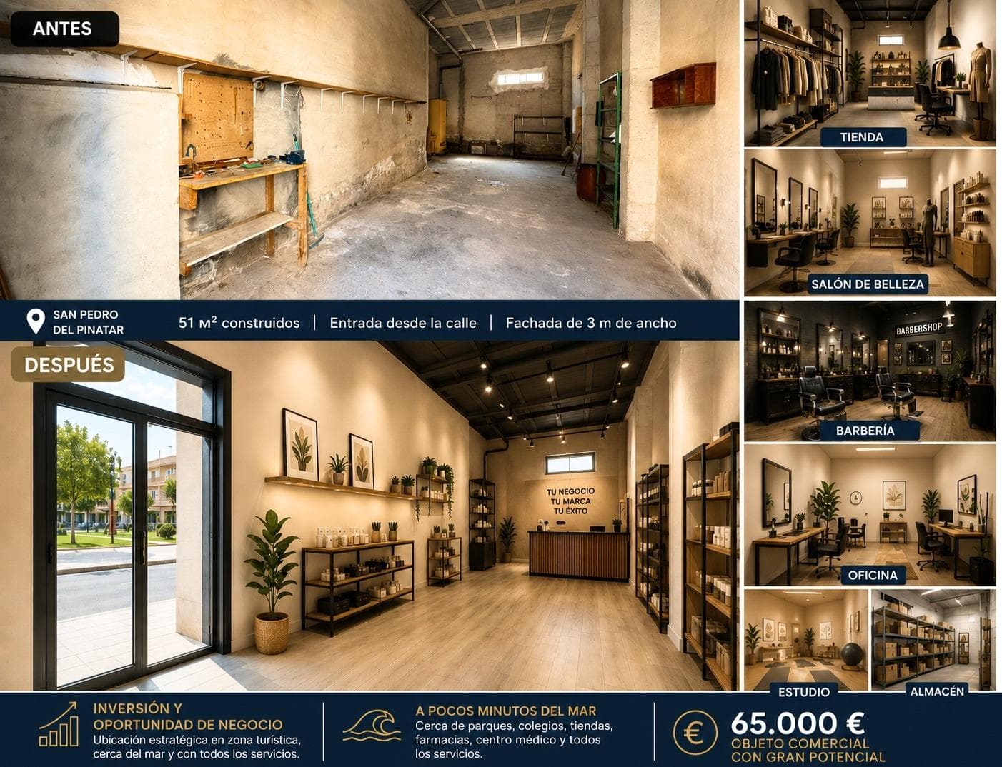 🏢 INVESTMENT PROPERTIES BY THE SEA IN SPAIN! We are offering a ground-floor commercial property with a separate entrance directly from the street, located in one of the most prestigious areas of San Pedro del Pinatar. 📍 Tourist area 📍 A stone’s throw from the sea 📍 Close to parks, schools, shops, pharmacies and medical centres ✨ An excellent opportunity to open: • a beauty salon • a hairdressing salon • a shop • an office • a studio • a warehouse • a showroom • a small business by the sea The 51 m² unit is situated on the ground floor and has a direct entrance from the street. The frontage, approximately 3 metres wide, allows for the installation of panoramic windows and the creation of a modern commercial space with excellent visual appeal 🔥 Condition: requires renovation, offering the opportunity to fully adapt the premises to your project or investment strategy. 💰 Price: €66,050 ✅ Commission included Ideal for both running your own business and for investment with subsequent letting in a highly sought-after area close to the sea. 📲 Contact us for further information and to view the property.
