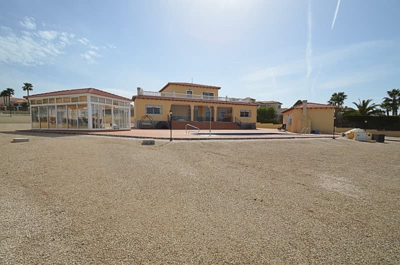 Stunning 4-Bedroom 2.5 Bathroom Detached Villa with Spectacular Panoramic Views – Campos del Río, MurciaLocated in an elevated position in a highly sought after location in Campos del Río, this exceptional four-bedroom, 2.5 bathroom detached villa offers truly exceptional and uninterrupted views across the surrounding countryside and mountains with Murcia city in the distance.Approached via an impressive staircase spanning the full width of the front porch which is enclosed with stylish glass curtains, allowing for complete flexibility—fully open in summer or enclosed allowing year-round enjoyment. The property also benefits from convenient level access to the rear.Upon entering the property, you are welcomed into a spacious reception hall featuring an elegant wooden staircase leading to the first floor.The villa has tiled flooring throughout, providing both style and practicality.The hallway leads to a bright and airy dual-aspect lounge, with a feature fireplace and picturesque views over the swimming pool and surrounding landscape. French doors open onto the enclosed terrace, creating an ideal indoor-outdoor living space.The well-appointed kitchen is fitted with appliances including oven, hob, extractor, dishwasher, and fridge freezer, complimented by sleek granite worktops. From here, you can enjoy views over the rear garden, with direct access to a terrace featuring a charming gazebo, perfect for al fresco dining. A separate larder provides additional storage and houses a further fridge freezer.The staircase leads to the landing with a door that opens onto a wraparound terrace, offering 360º vantage points to take in the breathtaking scenery.The remainder of the first floor is dedicated to the master suite which is a standout feature of this property, with direct terrace access, a generous dressing area with floor-to-ceiling wardrobes, and a luxurious en-suite bathroom complete with a corner bath, separate shower with contemporary glass blocks, twin basins, bidet, and WC.The ground floor offers three well-proportioned bedrooms and a stylish family bathroom featuring both bath and separate shower, twin basins, bidet, and WC. There is a convenient separate cloakroom with WC and pedestal basin.Externally, the villa continues to impress. There is an outdoor kitchen with a brick-built barbecue providing excellent entertaining facilities. This houses the washing machine and a hot water heater. In addition, there is a separate shower room with WC and basin and two further storage areas. This building could easily be converted into an independent casita.A beautifully designed summer room, also enclosed with glass curtains, houses a hot tub (currently not operational) and dining area - an idyllic space to relax while taking in the spectacular surroundings. Just steps away lies a large, inviting saltwater swimming pool (10 x 5), perfect for enjoying the Mediterranean climate.The property is set on a generous plot with external lighting and a number of fruit trees and further benefits from a substantial double garage with a remote-controlled up-and-over door.This is a rare opportunity to acquire a beautifully presented villa in an enviable position, combining space, privacy, and truly outstanding views.Car journey times are as follows:Village 5 minutesAirport - Murcia International 30 minutesAirport - Alicante International 55 minutesBeaches 50 minutesHospital 20 minutesMurcia City 25 minutesShopping Centres - Nueva Condomina and Thader 30 minutes