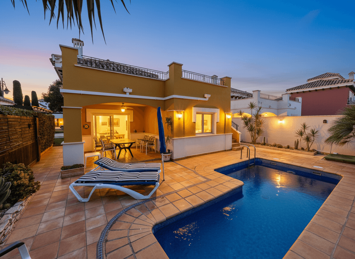 We are pleased to offer for sale this WEST facing Rondella villa on the Mar Menor Golf Resort.  The property is located in a really peaceful location on the resort opposite pretty fountained gardens.  The villa is being sold furnished with aircon in the lounge and gas central heating.  It is a short walk from the onsite Ona Hotel and clubhouse.  On the resort you will find a supermarket, first class golf and the MMGR club with mini golf, gym, padel and restaurant.  Just outside the resort on the Boulevard are a variety of bars, restaurants and cafes.   The Mar Menor beach town of Los Alcazares is a short drive, Murcia airport 20 minutes and Alicante an hour.The house has been very well looked after by the owners who bought from new.  You enter into the double height lounge diner with patio doors to the covered tiled terrace.  This leads to the tiled garden and 6x3m2 pool.  The garden is very private and on a good sized plot so plenty of entertaining space and room for sun beds.  Stairs lead to a sunny roof solarium where you can enjoy views over the golf course.  There are two double bedrooms both with fitted wardrobes, the master has an ensuite bathroom and a further separate guest shower room.  The kitchen is spacious with plenty of storage cupboards and built in oven hob and extractor.  This is a great villa for those wanting to put their own stamp on a property.  Contact us to book a viewing appointment.