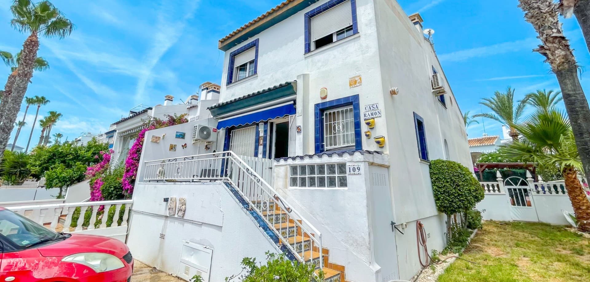 Discover this exceptional corner townhouse located in the highly desirable La Rioja residential community in Los Dolses, one of the most sought-after areas of Orihuela Costa. Occupying a prime end-of-terrace position with a sunny south-east orientation, this unique Buhardilla-style home enjoys beautiful open views over the communal swimming pool and offers generous indoor and outdoor living spaces rarely found in this type of property.Designed to maximise both comfort and functionality, the property offers four spacious double bedrooms and two bathrooms, making it an excellent choice for permanent family living, a spacious holiday home, or a high-demand investment property.The main floor welcomes you with a bright and airy living and dining area that flows effortlessly into the fully equipped kitchen, complemented by a separate utility room for added convenience. Large windows fill the home with natural light, creating a warm and inviting atmosphere throughout.One of the property's standout features is its impressive wrap-around outdoor space. The front and rear gardens provide multiple areas to relax, while the elevated terrace overlooks the beautifully maintained communal swimming pool, creating the perfect setting for outdoor dining, entertaining friends, or simply enjoying the Mediterranean sunshine. Private off-road parking within the plot adds further practicality.The upper Buhardilla level offers two additional double bedrooms, a modern bathroom, and a versatile second living area that can easily be adapted as a family lounge, home office, games room, or guest retreat.Ideally located within walking distance of La Fuente Commercial Centre, Los Dolses Commercial Centre, Villamartín Plaza, supermarkets, cafés, restaurants, and all essential amenities, the property also enjoys easy access to several golf courses, Zenia Boulevard, and the beaches of Orihuela Costa.
