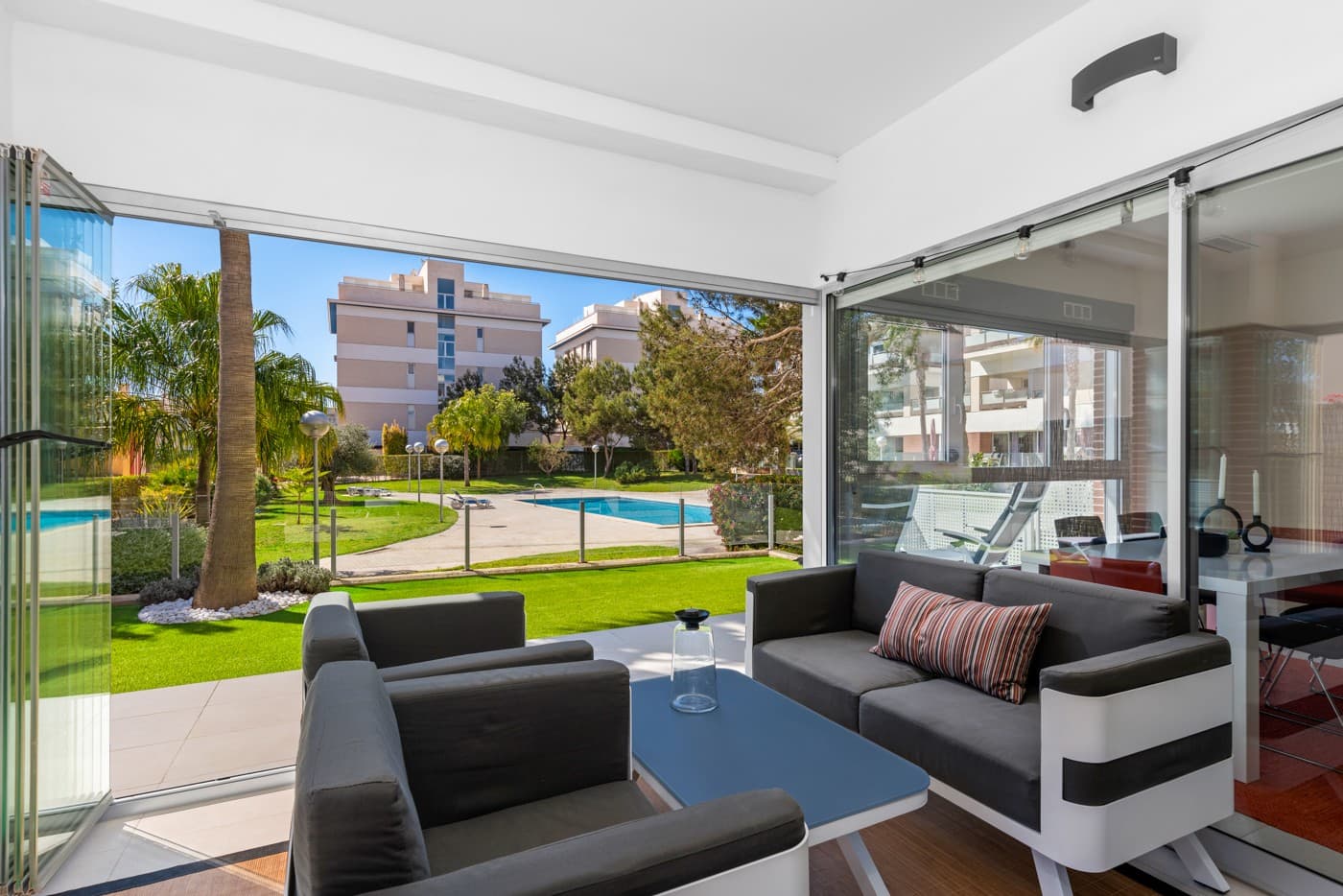Stunning and contemporary, this ground-floor apartment in Los Dolses, Orihuela Costa, boasts 3 bedrooms and a modern design. Featuring a spacious living room and dining area with an open-plan kitchen, two bathrooms, and a utility room, it offers comfort and style. Enjoy the convenience of a covered terrace with glass curtains and a south-facing terrace leading to a large private well maintained garden to the the front and side of the property. With direct access to the swimming pool area from the garden, along with private parking and a storage room, this property offers both luxury and practicality. Situated in the gated residential of Mirador de Villamartin, it's within walking distance of bars, restaurants, supermarkets, street markets, and the Zenia Boulevard shopping centre. A selection of beaches and golf courses are just a five-minute drive away.Orihuela Costa, nestled along the Costa Blanca, offers stunning beaches, a rich history, and a vibrant culture. From sun-soaked shores to charming villages, there's something for everyone. Enjoy golf, shopping, and more in this idyllic coastal haven.Contact us for a viewing and more information.