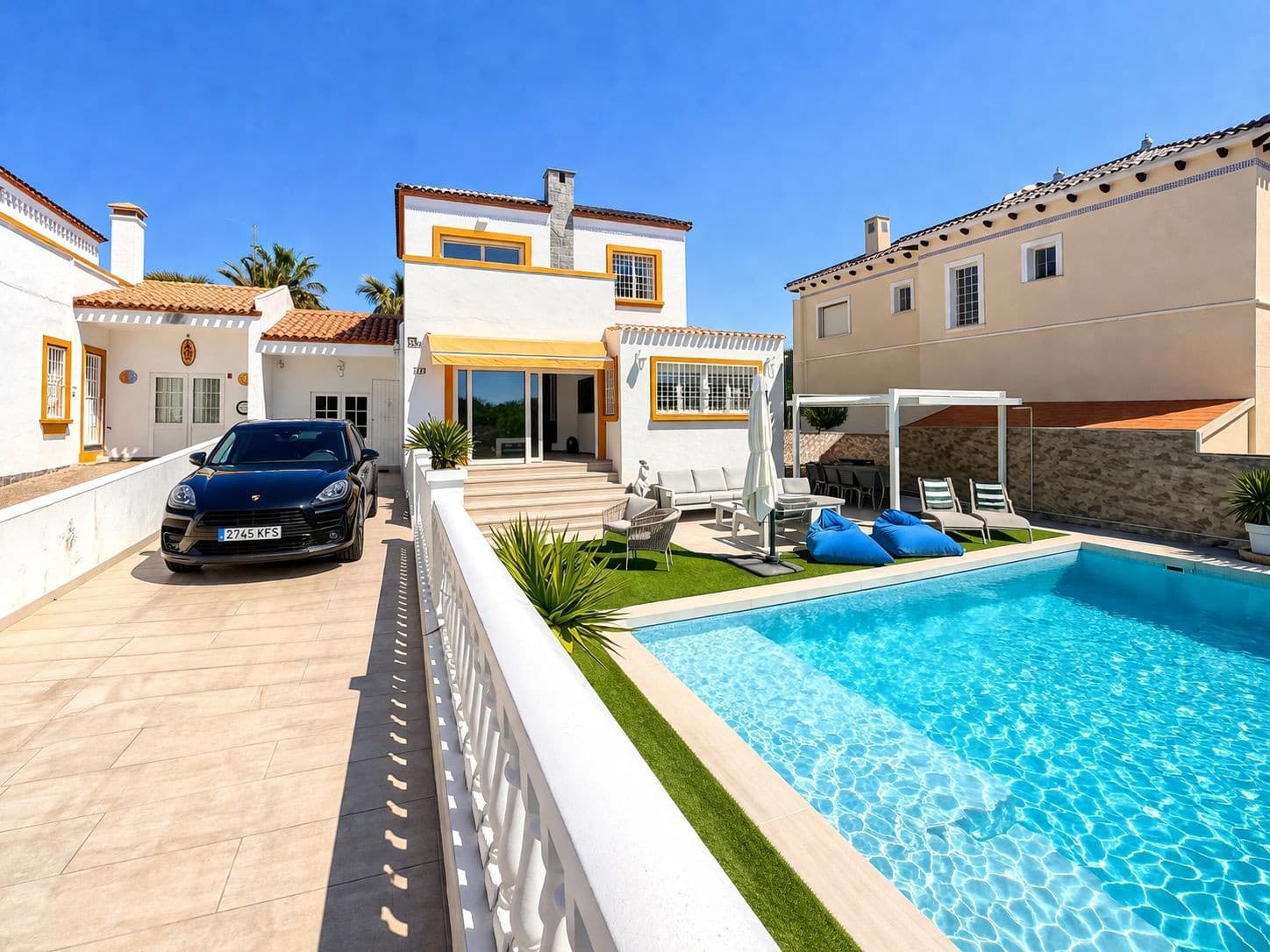 Welcome to this exceptional fully renovated villa in the highly sought-after area of Los Dolses, where contemporary elegance meets luxurious Mediterranean living. Renovated to an outstanding standard throughout, this one-of-a-kind property offers style, comfort, and quality in every detail.As you arrive, the villa welcomes you with private off-road parking and immediately impresses with its breathtaking outdoor space. The beautifully designed swimming pool area is the heart of the home, featuring a stylish modern lounge area, BBQ space, and the perfect setting for relaxing or entertaining family and friends under the Spanish sun. There is also a separate outdoor room currently used as a private gym, adding even more versatility to this incredible property.Inside, the villa is flooded with natural light and offers a bright, airy open-plan living and dining area with large patio doors that seamlessly connect the indoor space to the stunning garden and pool area, creating the ultimate indoor-outdoor lifestyle experience.The separate American-style kitchen is fully equipped with high-quality appliances and features a gas hob powered by natural gas, perfect for those who love to cook. A separate storage/utility area provides additional practicality and convenience.The property offers spacious accommodation throughout, including:* A bright double bedroom on the ground floor* A second double bedroom with fitted wardrobes* A stylish family bathroom* An outstanding master suite occupying the upper levelThe luxurious master bedroom is truly spectacular, complete with an elegant en-suite bathroom and a beautifully designed dressing room area. From the master suite, patio doors open onto a private terrace where you can enjoy lovely sea views and peaceful surroundings.Additional features include:* Central heating with natural gas* Fully fitted air conditioning throughout* High-end finishes and modern design* Excellent indoor and outdoor entertaining spaces* Prime location close to amenities, golf courses, beaches, and restaurantsThis extraordinary villa offers a rare opportunity to own a turnkey luxury home in one of the Costa Blanca’s most desirable locations. Every inch of this property has been carefully designed to create a sophisticated yet welcoming atmosphere.Viewing is highly recommended — properties of this quality rarely come to market.