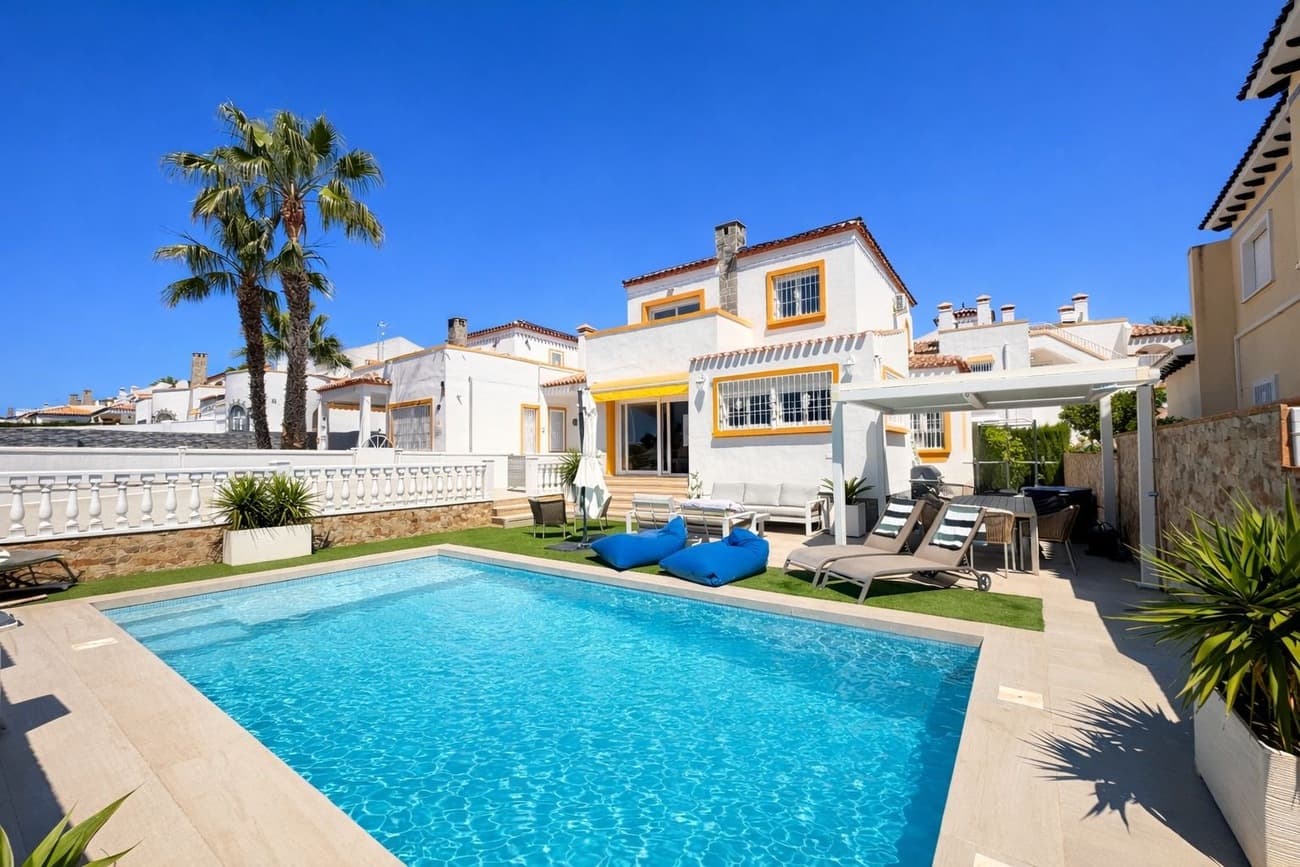 Welcome to this exceptional fully renovated villa in the highly sought-after area of Los Dolses, where contemporary elegance meets luxurious Mediterranean living. Renovated to an outstanding standard throughout, this one-of-a-kind property offers style, comfort, and quality in every detail.As you arrive, the villa welcomes you with private off-road parking and immediately impresses with its breathtaking outdoor space. The beautifully designed swimming pool area is the heart of the home, featuring a stylish modern lounge area, BBQ space, and the perfect setting for relaxing or entertaining family and friends under the Spanish sun. There is also a separate outdoor room currently used as a private gym, adding even more versatility to this incredible property.Inside, the villa is flooded with natural light and offers a bright, airy open-plan living and dining area with large patio doors that seamlessly connect the indoor space to the stunning garden and pool area, creating the ultimate indoor-outdoor lifestyle experience.The separate American-style kitchen is fully equipped with high-quality appliances and features a gas hob powered by natural gas, perfect for those who love to cook. A separate storage/utility area provides additional practicality and convenience.The property offers spacious accommodation throughout, including:* A bright double bedroom on the ground floor* A second double bedroom with fitted wardrobes* A stylish family bathroom* An outstanding master suite occupying the upper levelThe luxurious master bedroom is truly spectacular, complete with an elegant en-suite bathroom and a beautifully designed dressing room area. From the master suite, patio doors open onto a private terrace where you can enjoy lovely sea views and peaceful surroundings.Additional features include:* Central heating with natural gas* Fully fitted air conditioning throughout* High-end finishes and modern design* Excellent indoor and outdoor entertaining spaces* Prime location close to amenities, golf courses, beaches, and restaurantsThis extraordinary villa offers a rare opportunity to own a turnkey luxury home in one of the Costa Blanca’s most desirable locations. Every inch of this property has been carefully designed to create a sophisticated yet welcoming atmosphere.Viewing is highly recommended — properties of this quality rarely come to market.
