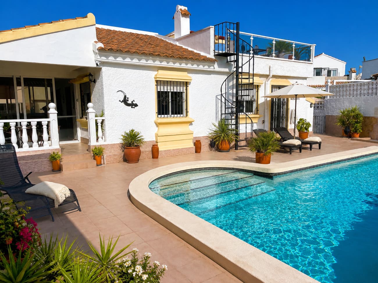 Fantastic 2 bed, 2.5 bath villa with private pool and hot tub on CamposolThis delightful, detached villa offers a superb blend of comfort, style, and year‑round practicality. Set in a peaceful area of Camposol, it’s an ideal choice for full‑time living, holiday escapes, or a strong rental investment.Inside, the home features a front glazed conservatory, two generous bedrooms and two well‑appointed bathrooms, along with a bright, welcoming lounge and a fully fitted kitchen. The living area is enhanced by a feature fireplace, central heating, and air‑conditioning, ensuring a cosy, comfortable environment in every season.Step outside and the lifestyle appeal really shines. A private 8x 4 swimming pool and outside bathroom, sun‑soaked terraces, and low‑maintenance gardens create the perfect setting for relaxing, entertaining, or enjoying the warm Murcian climate. Whether dining al fresco or unwinding by the pool or the hot tub on the solarium, this villa delivers the outdoor living experience Camposol is known for.The location adds even more value. Camposol benefits from a wide range of on‑site amenities including supermarkets, bars, restaurants, a medical centre, and an 18‑hole golf course. The beautiful beaches of Mazarron Bay are just a short drive away, offering crystal‑clear waters, marinas, and long sandy stretches perfect for days out.Travel connections are excellent too. Corvera (Murcia International Airport) is approximately 25 minutes away, providing convenient access to UK and European destinations. Alicante Airport is around 1 hour 10 minutes, offering an even wider choice of international flights.With its excellent layout, modern comforts, private pool, hot tub and superb access to both local amenities and airports, this villa represents a fantastic opportunity in a highly sought‑after area.  Viewing is highly recommended!