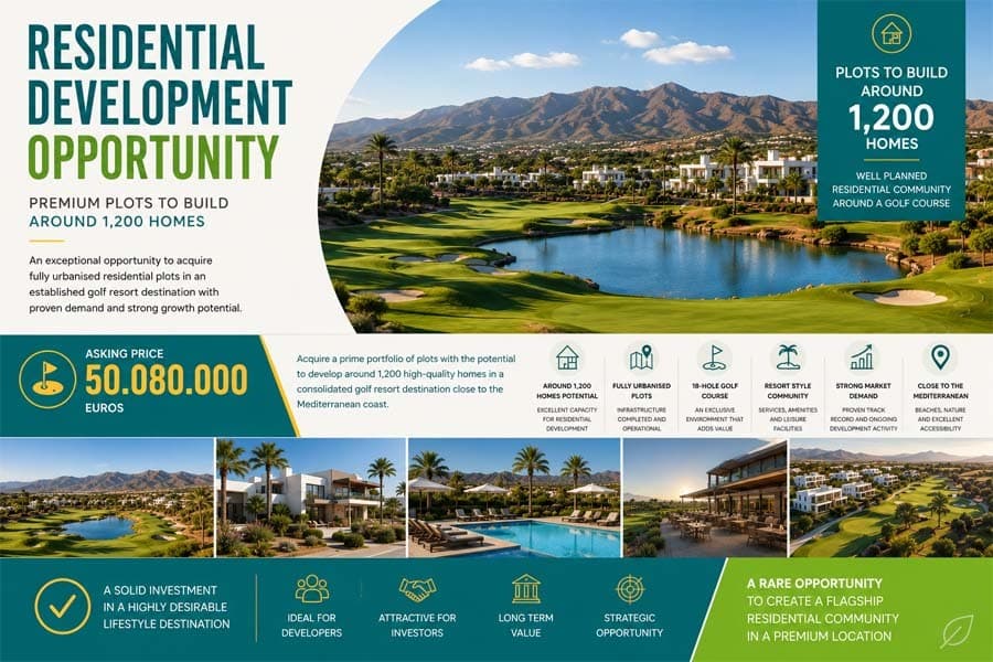 Approx. 1,248 Homes Within an Established Golf Resort Environment near the Costa de Almería, Spain.Exceptional opportunity to acquire a portfolio of fully urbanised residential development plots located within an established golf and leisure destination in Southern Spain, close to the Costa de Almería and the Mediterranean coastline.The opportunity comprises 6 plots, forming part of a large-scale master-planned development. The portfolio includes approximately 166,933 m² of residential buildable area with the potential to deliver around 1,248 homes, together with an established golf and leisure environment centred around an operational 18-hole golf course extending to approximately 569,666 m².Unlike many development land opportunities currently available in Spain, these assets benefit from a fully consolidated environment, significantly reducing development risk and enabling investors and developers to focus directly on project planning, design, marketing and construction.Investment Highlights📈 Significant large-scale residential development opportunityDevelopment Potential🏡 Potential for Approximately 1,200 Residential Units📐 166,933 m² of Residential Buildable Area🏗 Fully Urbanised Development Plots📈 Large-Scale Residential Development OpportunityEstablished Destination⛳ Operational 18-Hole Golf Course🌴 Golf Course Site Extending to Approximately 569,666 m²🌴 Established residential and leisure environment🏘 Existing Residential Developments Completed and Occupied🚧 Additional Residential Phases Currently Under DevelopmentInfrastructure & Services✅ Urbanisation completed and operational✅ Roads and infrastructure in place✅ Controlled access and security measures✅ Active Urban Conservation Entity✅ Mature and well-maintained environmentLocation Benefits🌊 Close to the Costa de Almería and Mediterranean beaches🚗 Excellent accessibility🌞 Year-round climate attractive to international buyers🏖 Strong appeal for both permanent and holiday home marketsMarket PositionThe plots are situated within a well-established golf and residential destination that has already demonstrated proven demand from both domestic and international purchasers.The combination of golf facilities, completed infrastructure, residential activity and proximity to the Mediterranean coast creates an attractive platform for future residential development.The area continues to attract buyers seeking primary residences, second homes, retirement properties and investment opportunities, providing strong foundations for future sales and absorption.Why This Opportunity Is DifferentMany development land opportunities require substantial investment in infrastructure, planning procedures and urbanisation works before construction can commence.In contrast, this portfolio benefits from:• Completed urbanisation• Operational infrastructure• Established residential community• Existing golf resort environment• Proven development track record• Ongoing market activityThis significantly reduces development risk and shortens the path from acquisition to project execution.Ideal For• Residential Developers• Property Investment Funds• Institutional Investors• International Residential Operators• Joint Venture Development StructuresConfidentialityFurther technical documentation, urban planning information, development parameters and supporting due diligence information are available to qualified purchasers upon request.